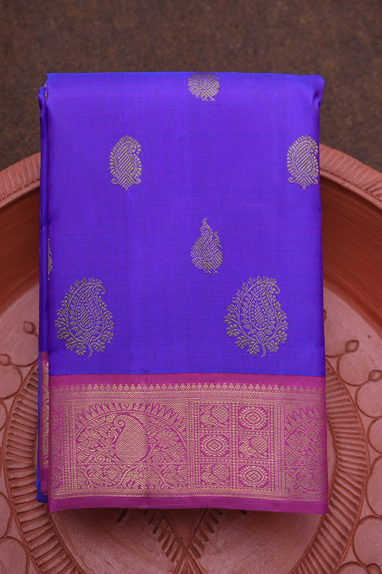  Peacock Paisley Motifs Violet Kanchipuram Silk Saree 