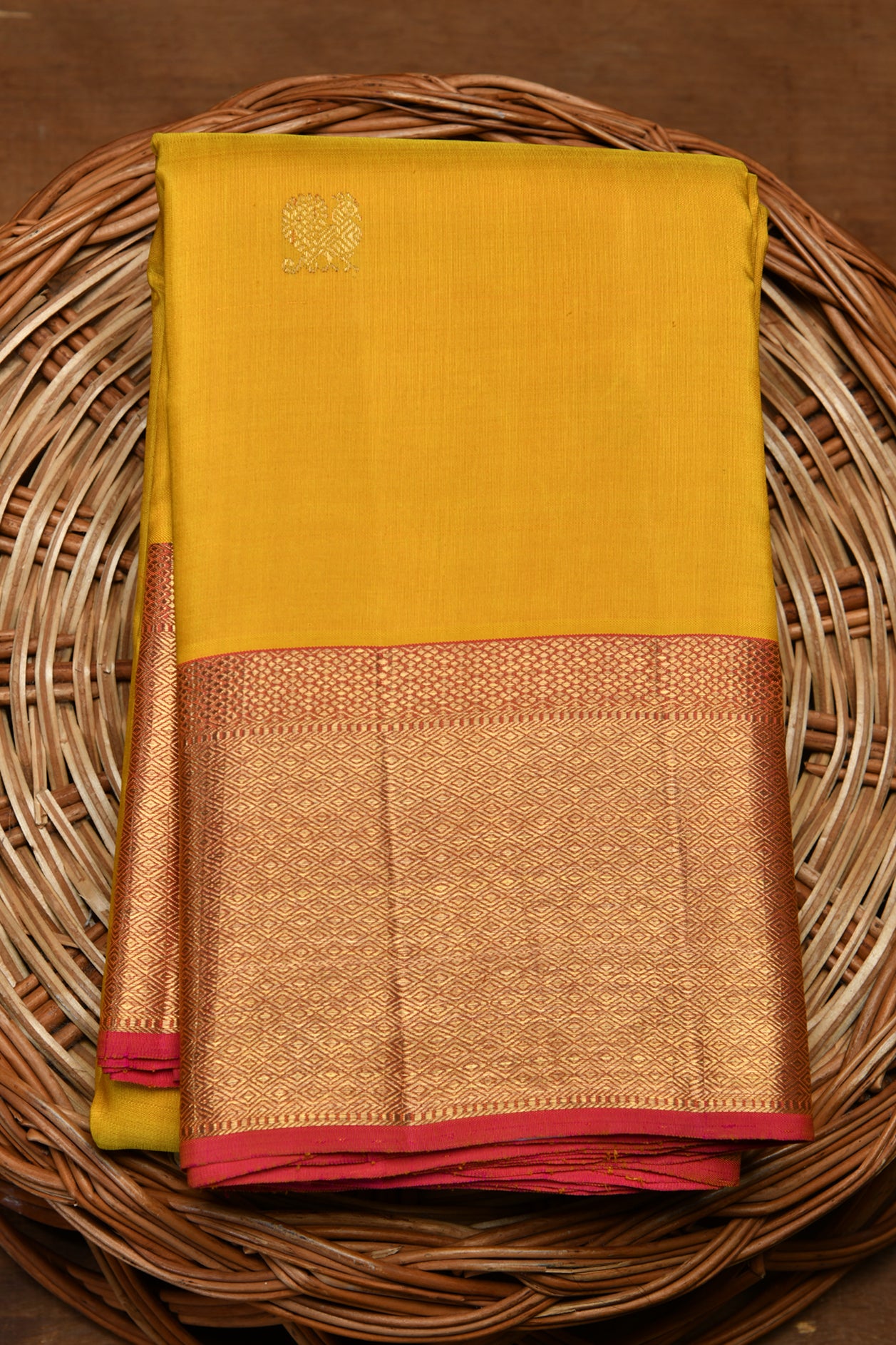  Peacock And Rudraksha Zari Butta Yellow Kanchipuram Silk Saree 