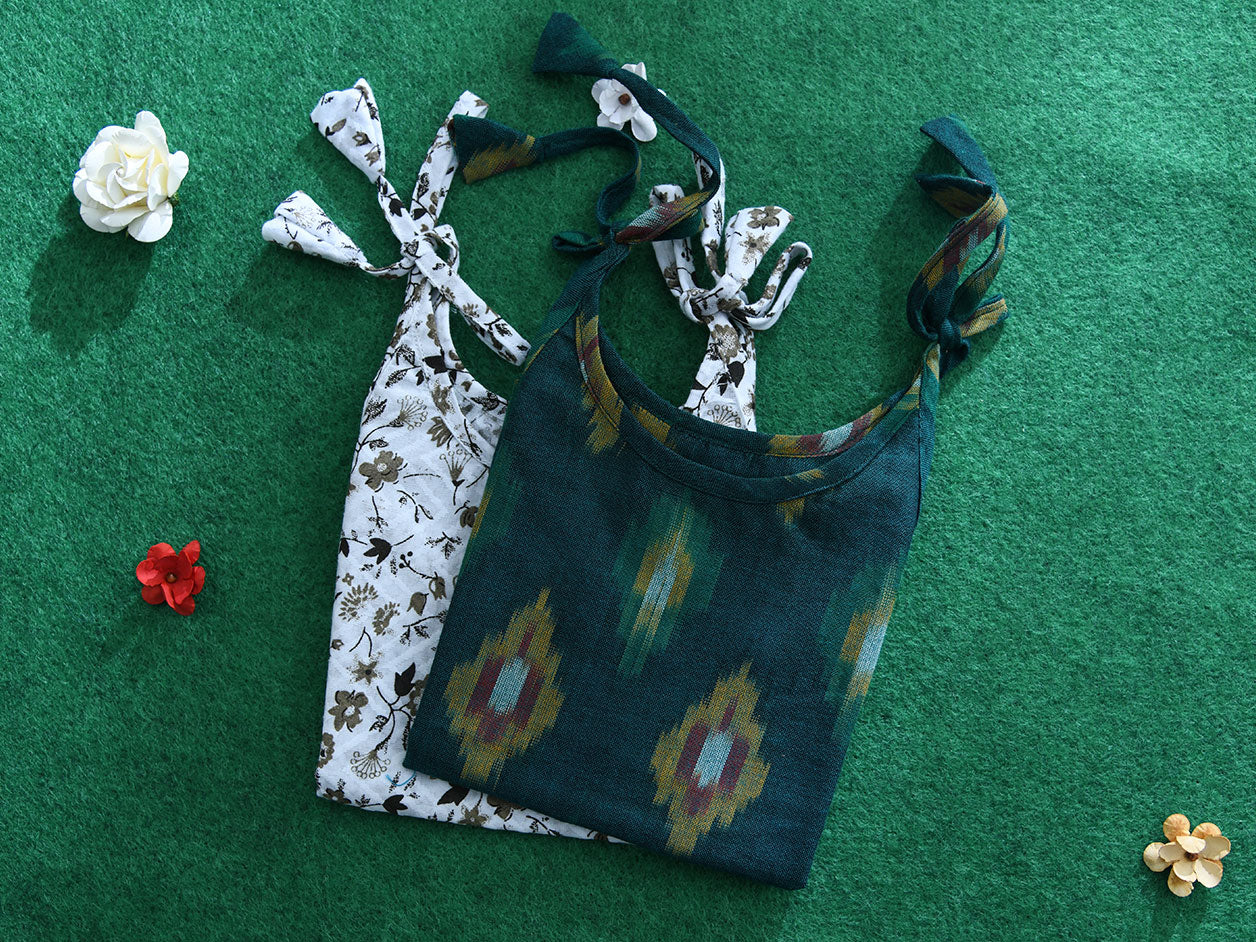  Assorted With Tie-Up Set Of 2 Green And White Cotton Baby Frock 