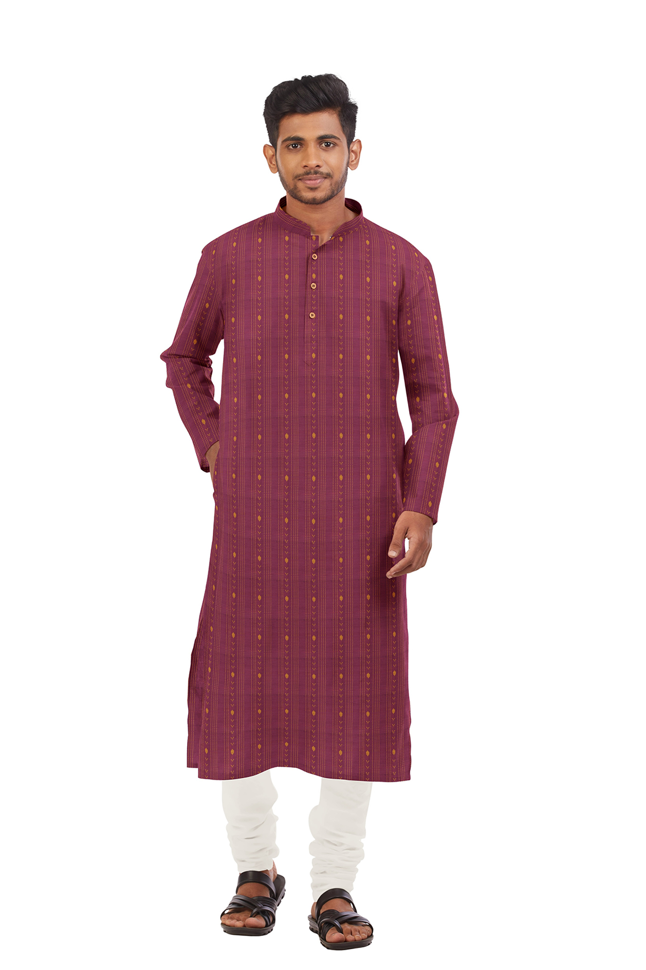  Chinese Collar Mulberry Pink Raw Silk Long Kurta 