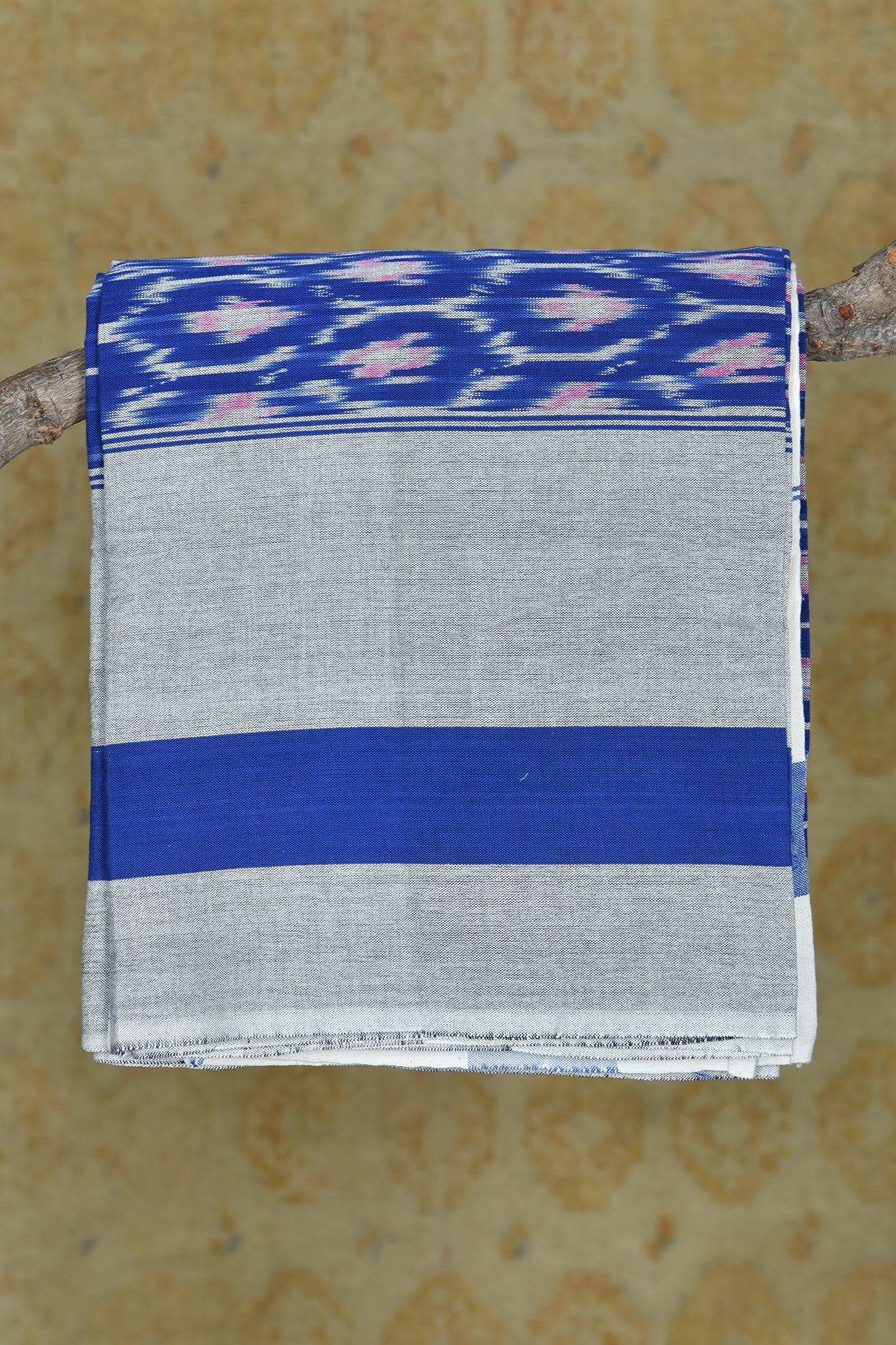  Dark Azure Blue With Grey Ikat Pure Cotton Double Bedspread 