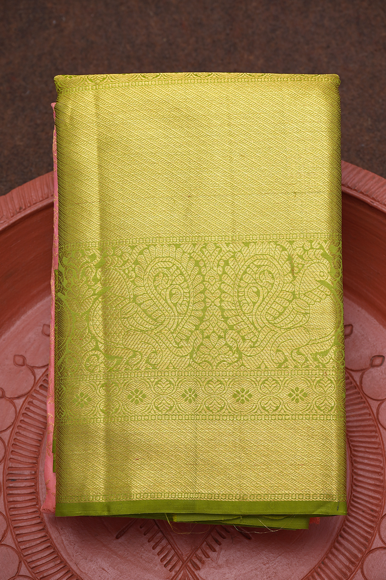  Zari Border In Brocade Coral Orange Kanchipuram Silk Saree 