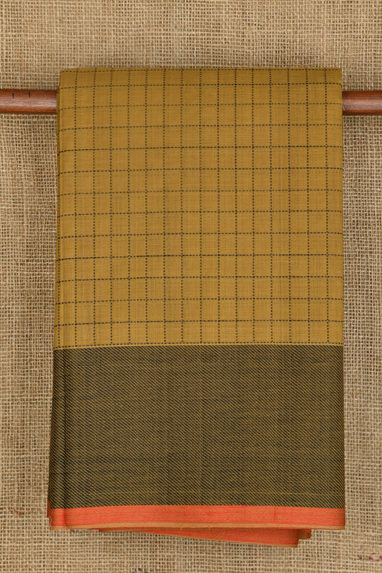  Contrast Thread Work Border With Checks Khaki Coimbatore Cotton Saree 