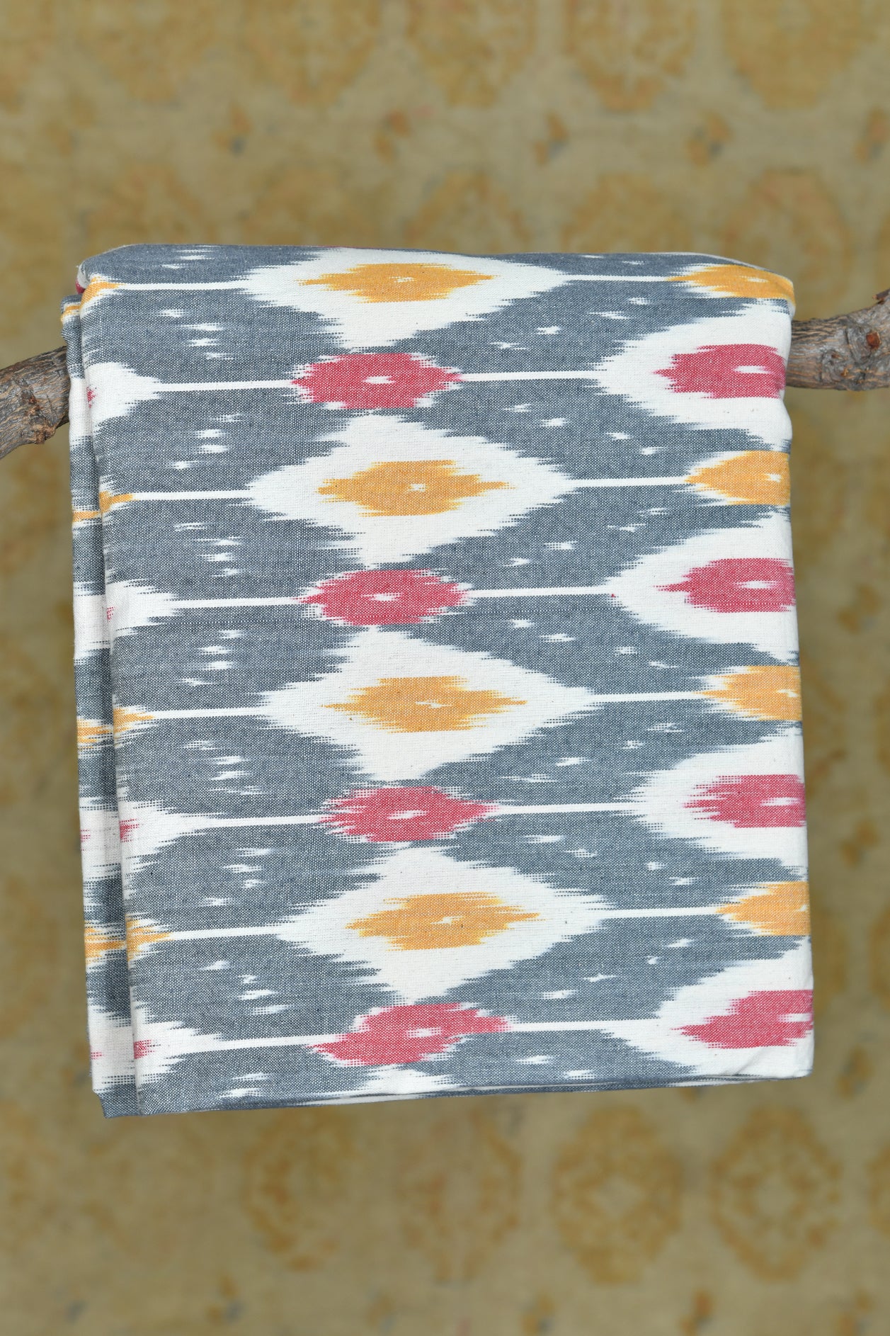  Grey With Pink And Mustard Yellow Ikat Pure Cotton Double Bedspread 