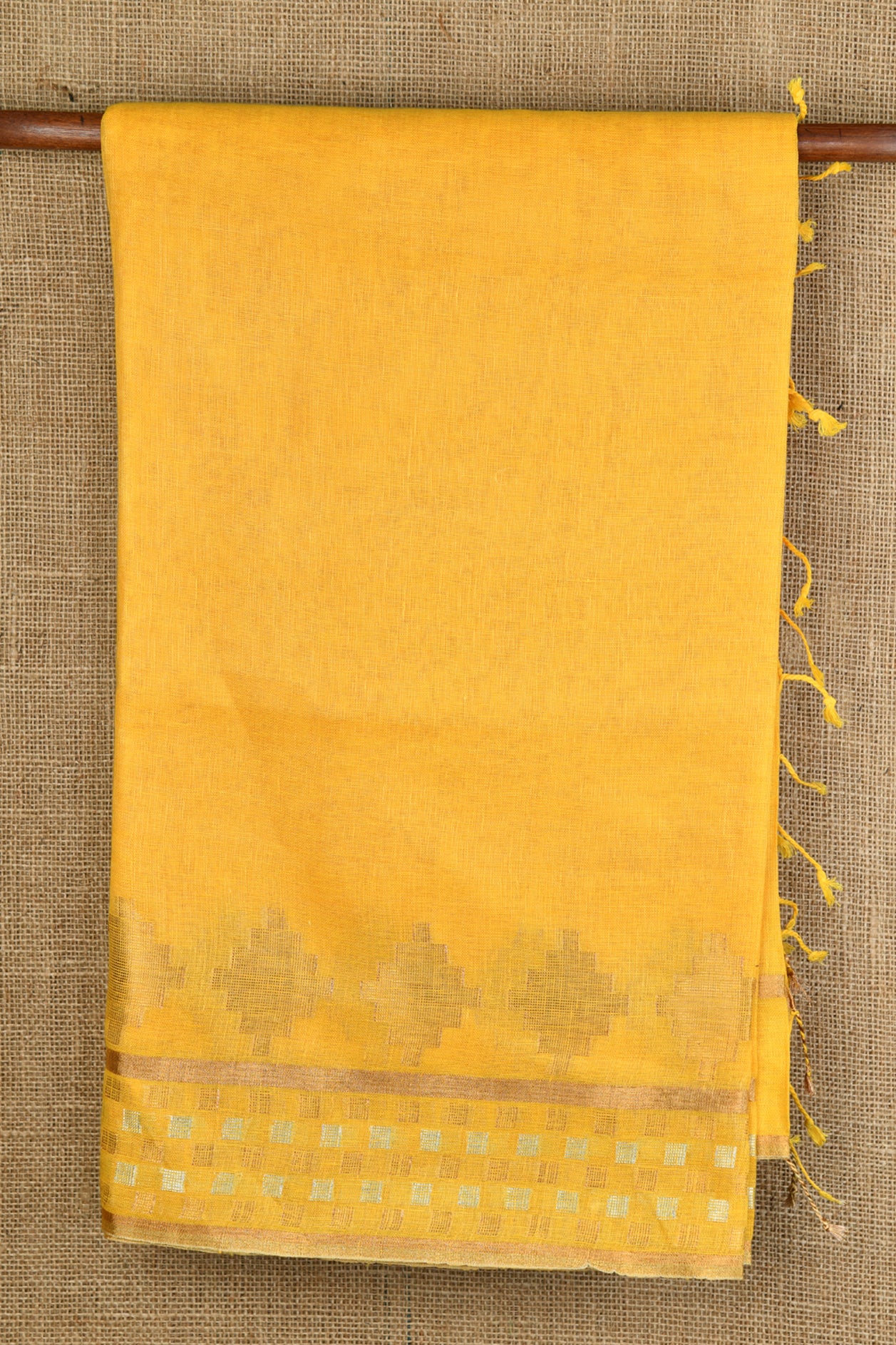  Gold Zari Border Yellow Linen Cotton Saree 