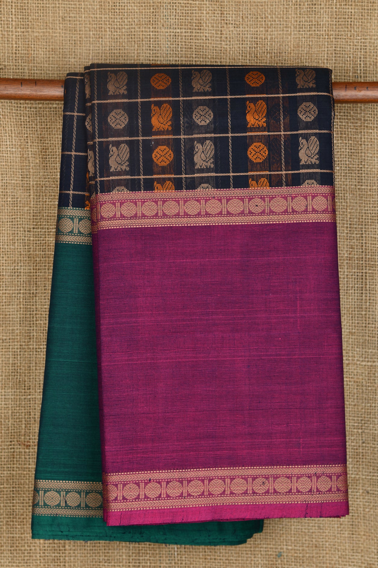  Ganga Jamuna Thread Work Border Animals Motif Checks Indigo Blue Coimbatore Cotton Saree 