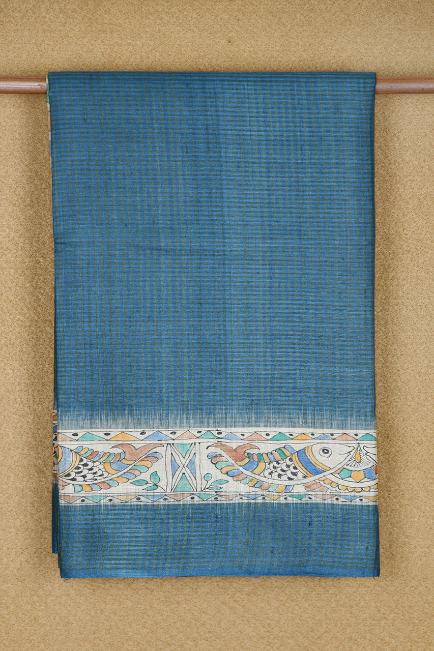  Aegean Blue And Grey Checks With Hand Painted Tussar Saree 