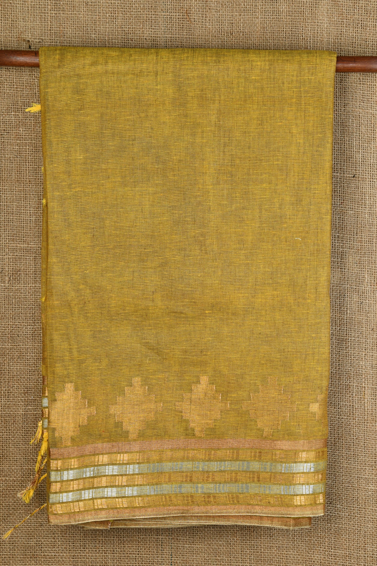  Gold And Silver Zari Olive Green Linen Cotton Saree 