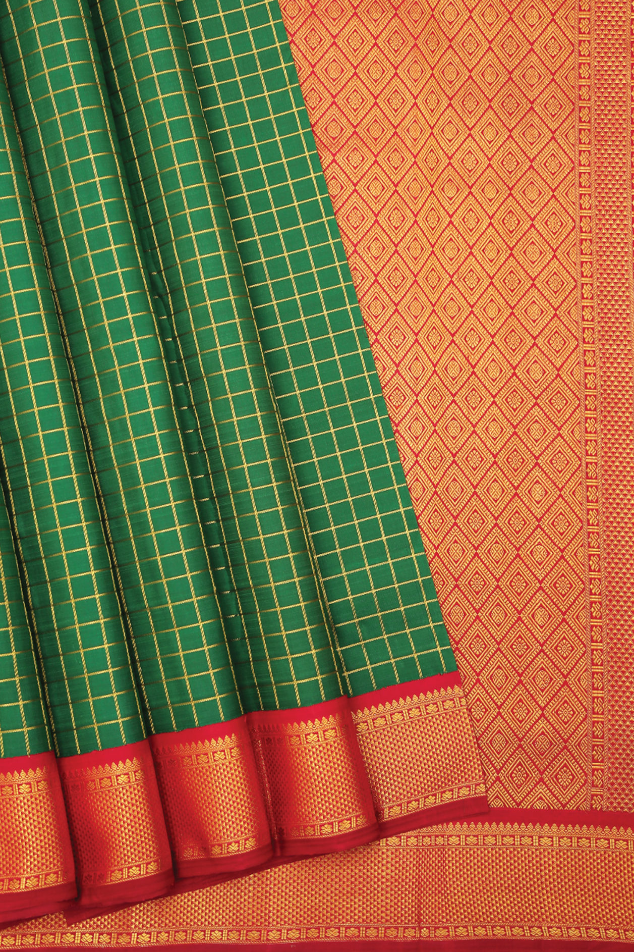  Zari Checked Emerald Green Kanchipuram Nine Yards Silk Saree 