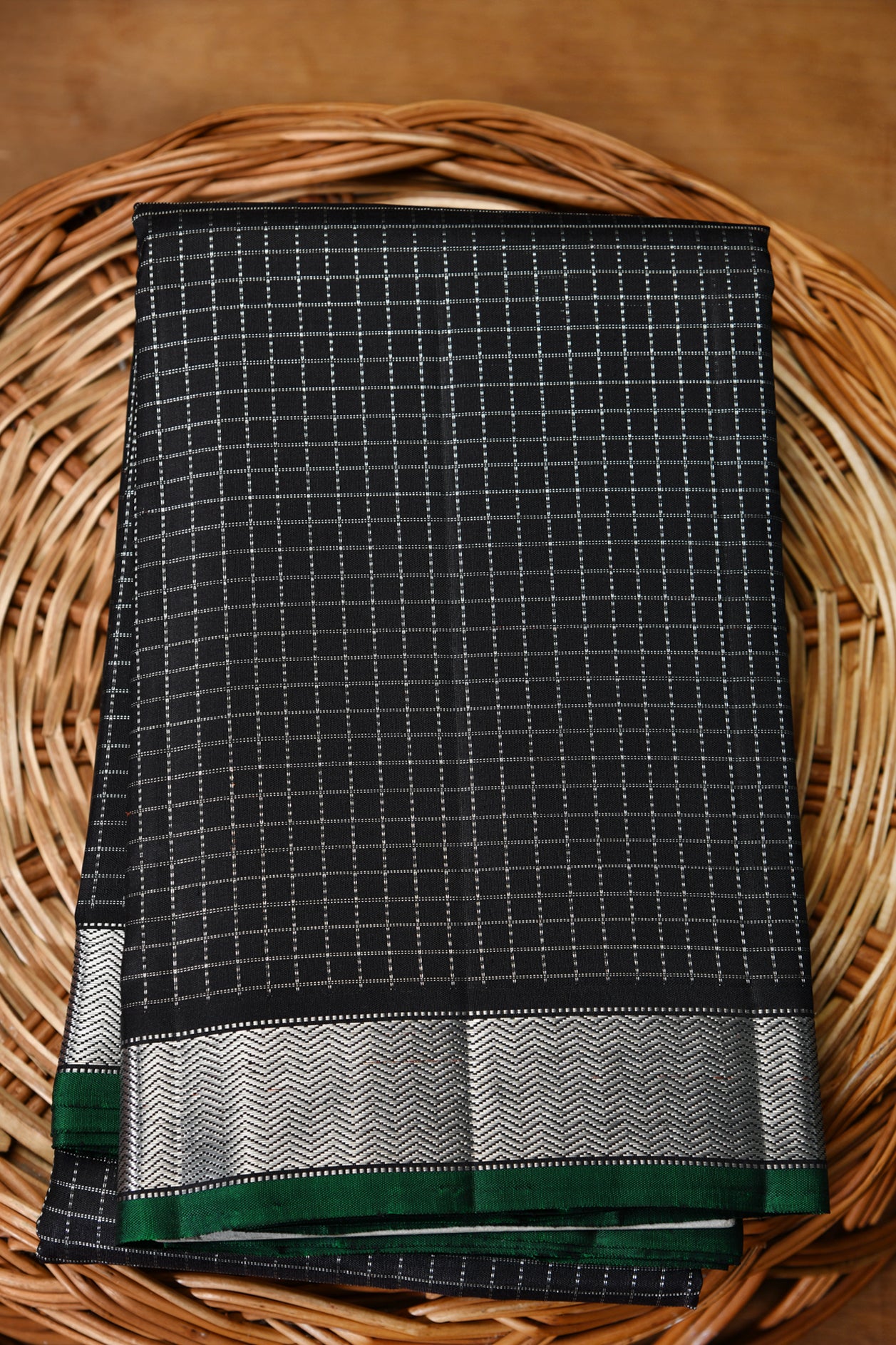  Silver Zari Checked Design Black Silk Saree 