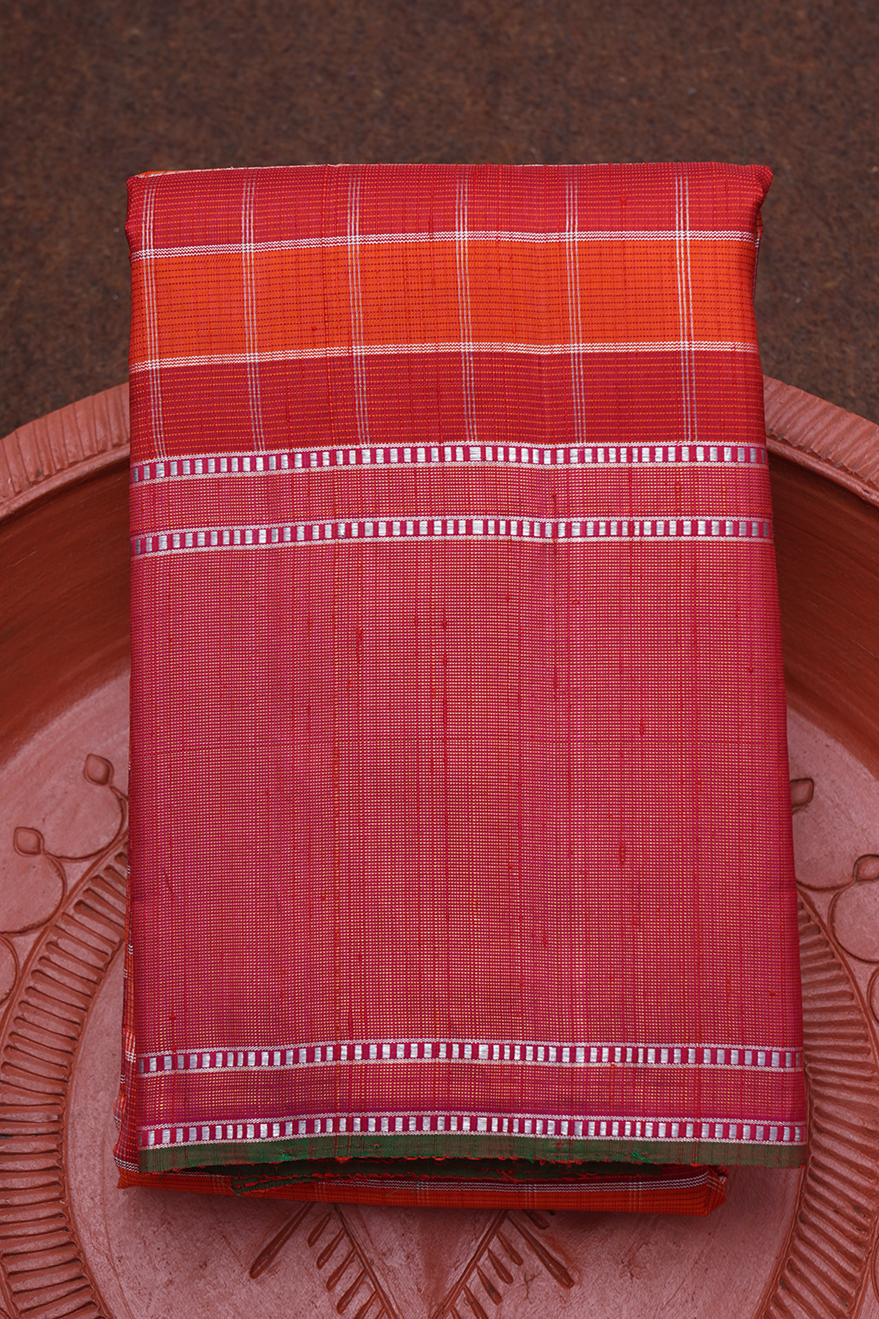  Checks Design Red And Orange Kanchipuram Silk Saree 