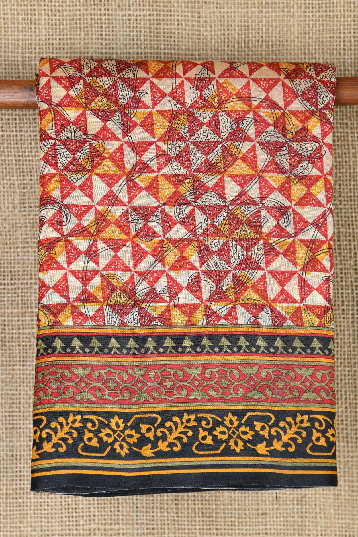  Contrast Border With Geometric Design Digital Printed Ochre Red Raw Silk Saree 