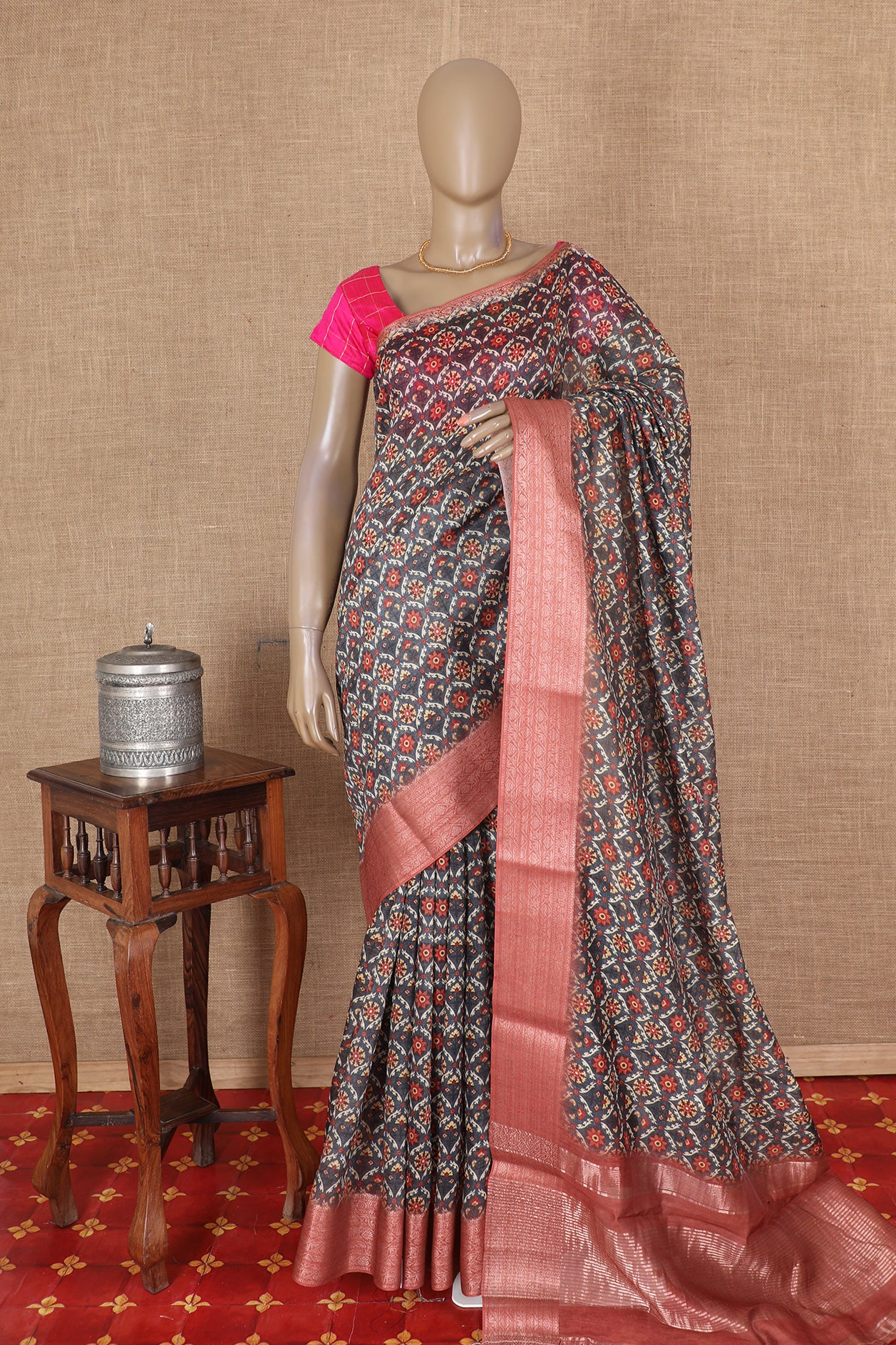  Floral Design Dark Grey Chanderi Cotton Saree 