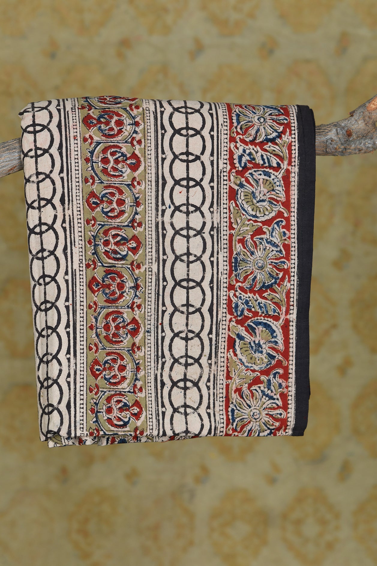  Off White With Rust Red And Black Kalamkari Printed Pure Cotton Double Bedspread 