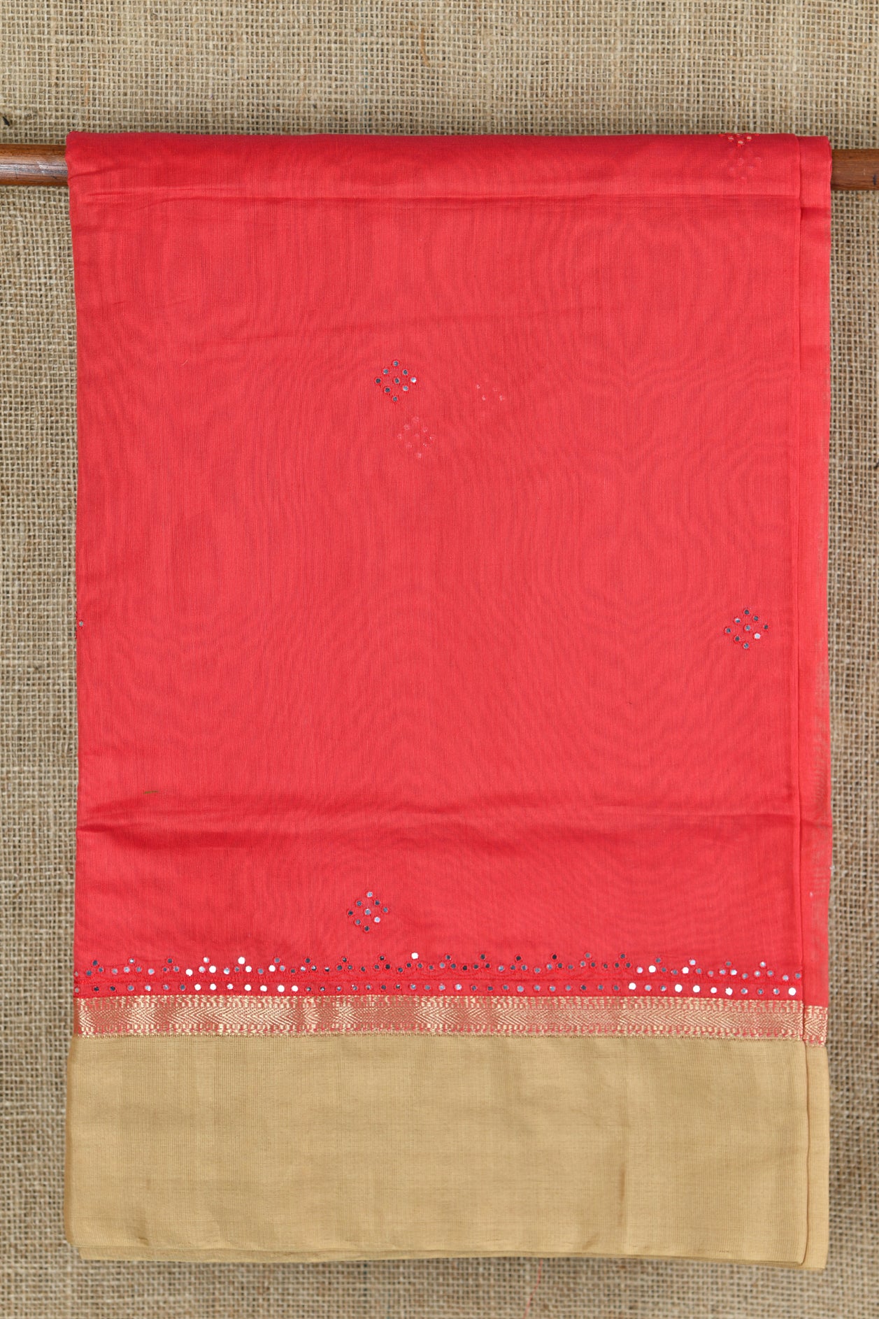  Mirror Work Tomato Red Chanderi Silk Cotton Saree 