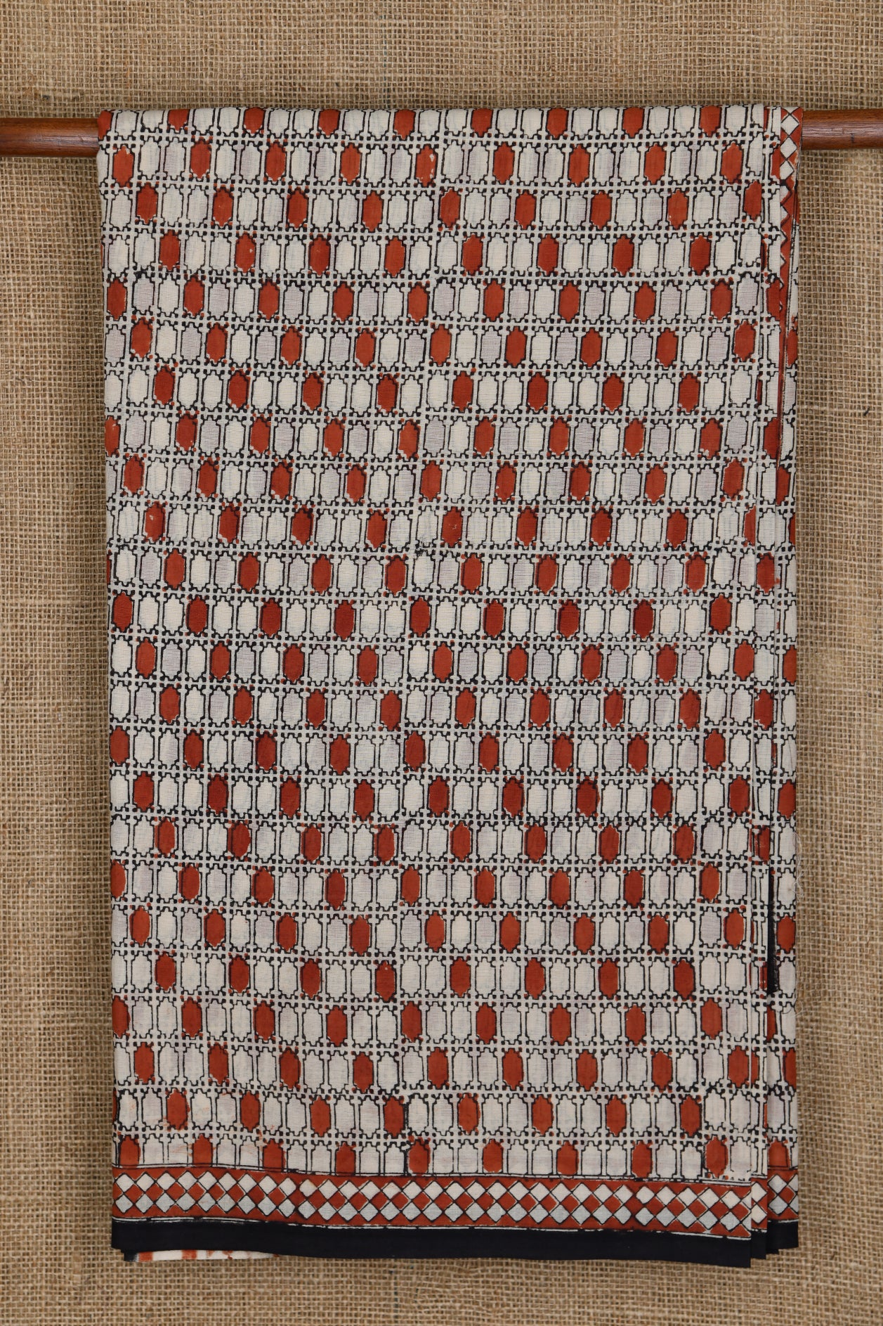  Small Border With Geometric Design Cream And Ochre Red Jaipur Cotton Saree 