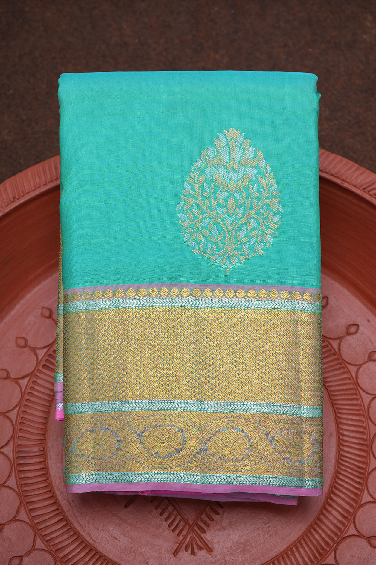  Tree Zari Motifs Sea Blue Kanchipuram Silk Saree 