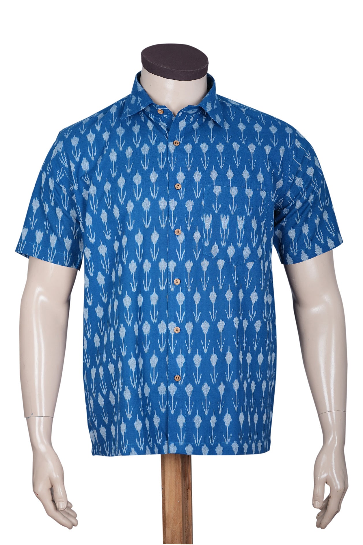  Regular Collar Cobalt Blue Ikat Cotton Shirt 