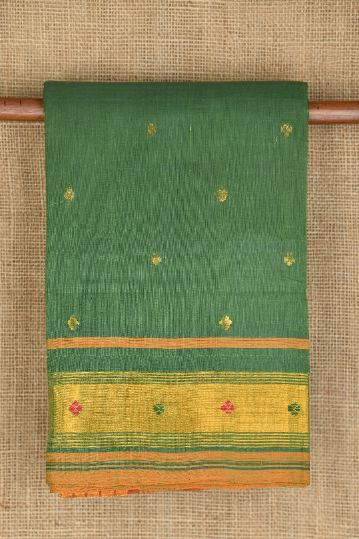  Zari Border With Buttis Leaf Green Venkatagiri Cotton Saree 