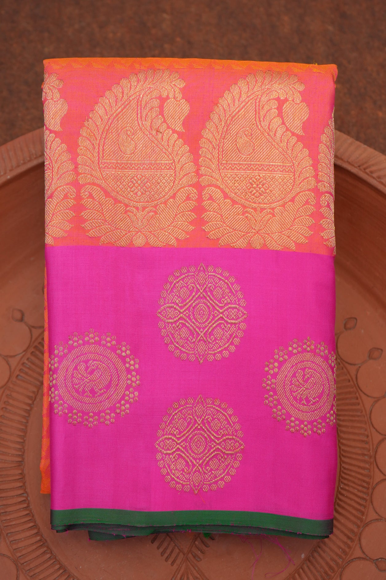  Contrast Border In Jacquard Pinkish Orange Kanchipuram Silk Saree 