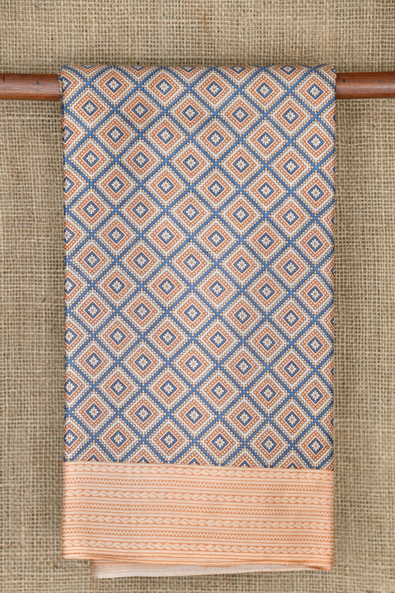  Geometric Square Pattern Cobalt Blue And Brown Printed Silk Saree 