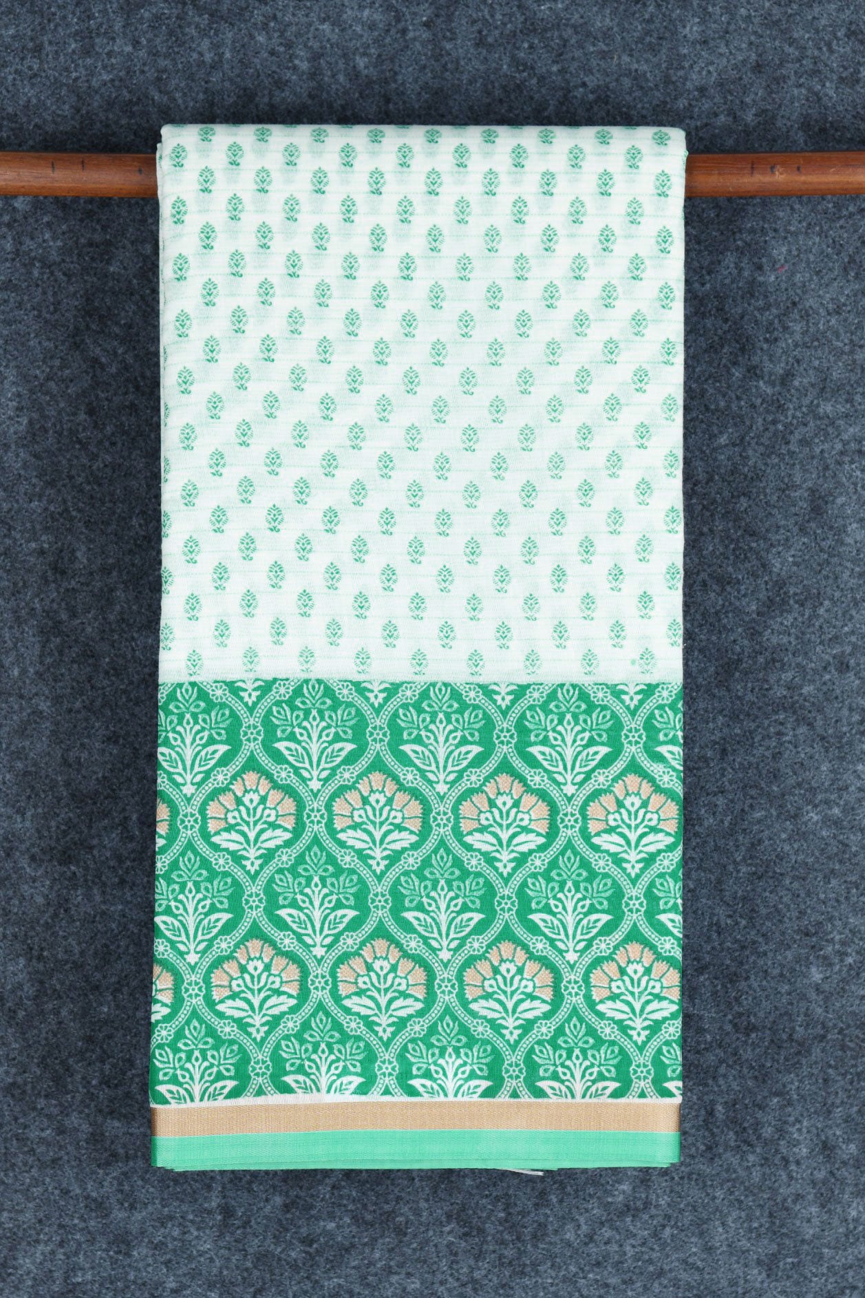  Contrast Border With Floral Buttis White And Green Chanderi Cotton Saree 