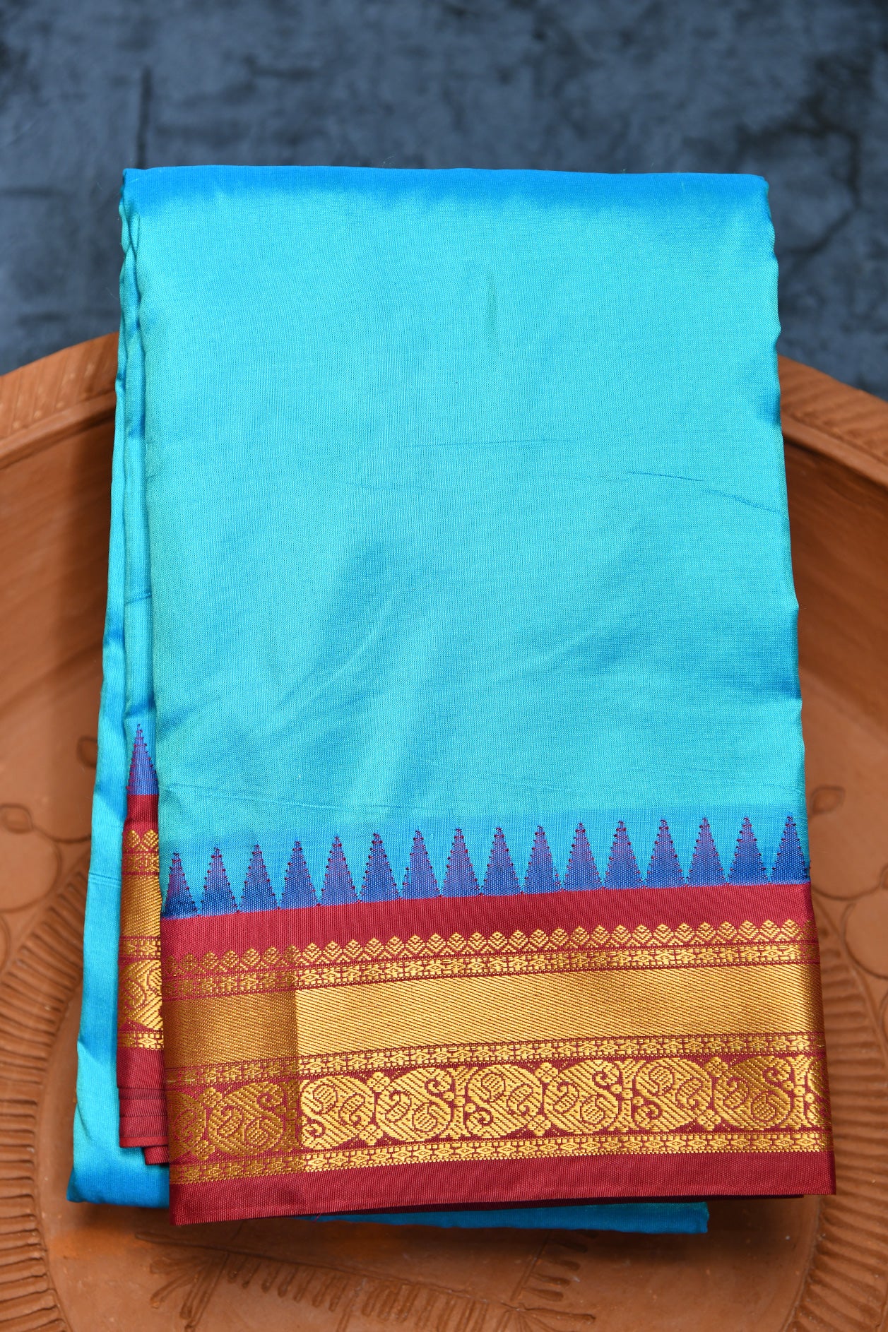  Contrast Temple Border Turquoise Blue Kanchipuram SilK Saree 