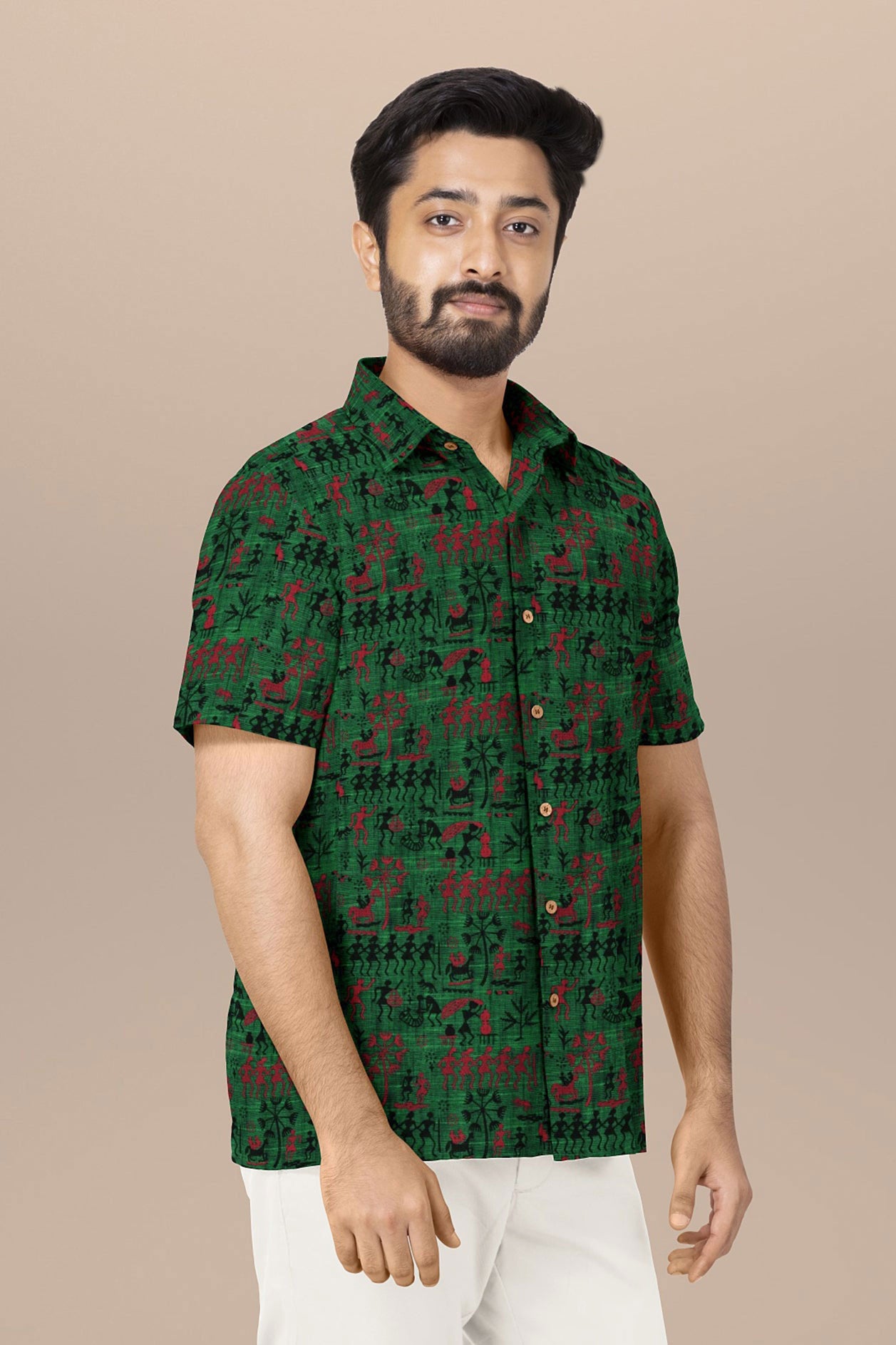  Regular Collar With Warli Printed Green Cotton Shirt 