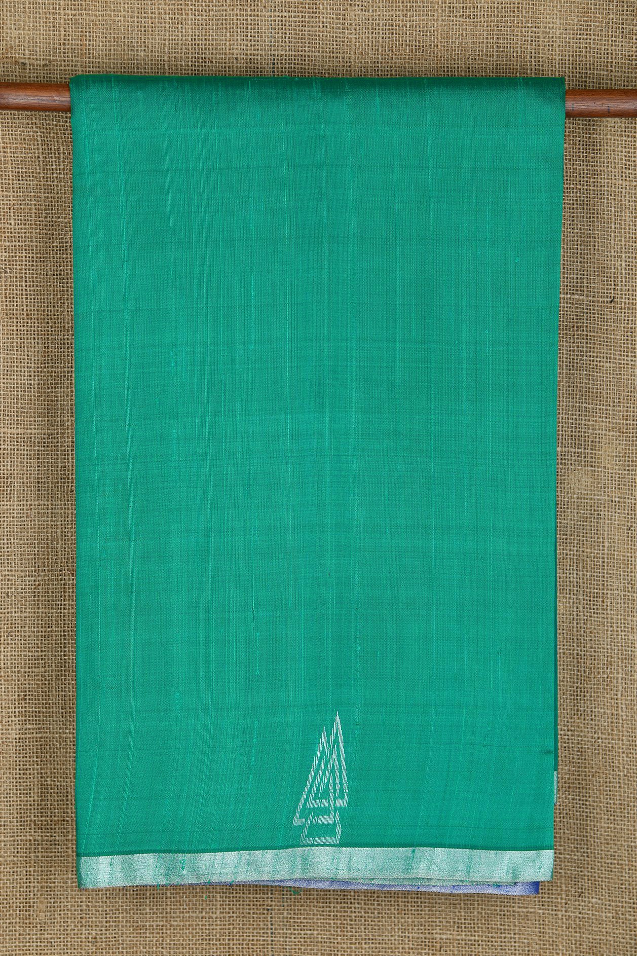  Silver Zari Thin Border With Triangle Motif Teal Green Jute Silk Saree 