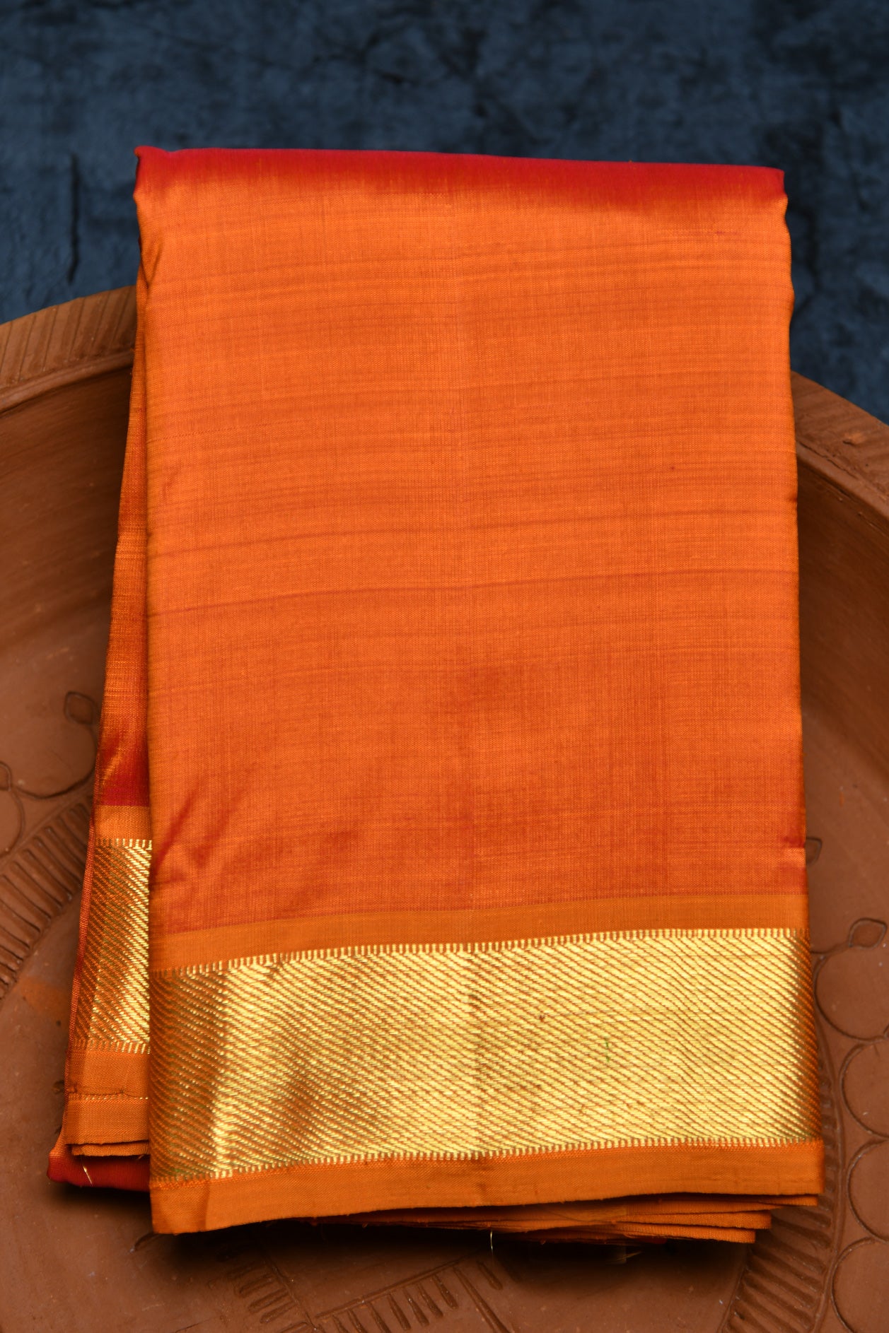  Ochre Orange Plain Kanchipuram Silk Saree 