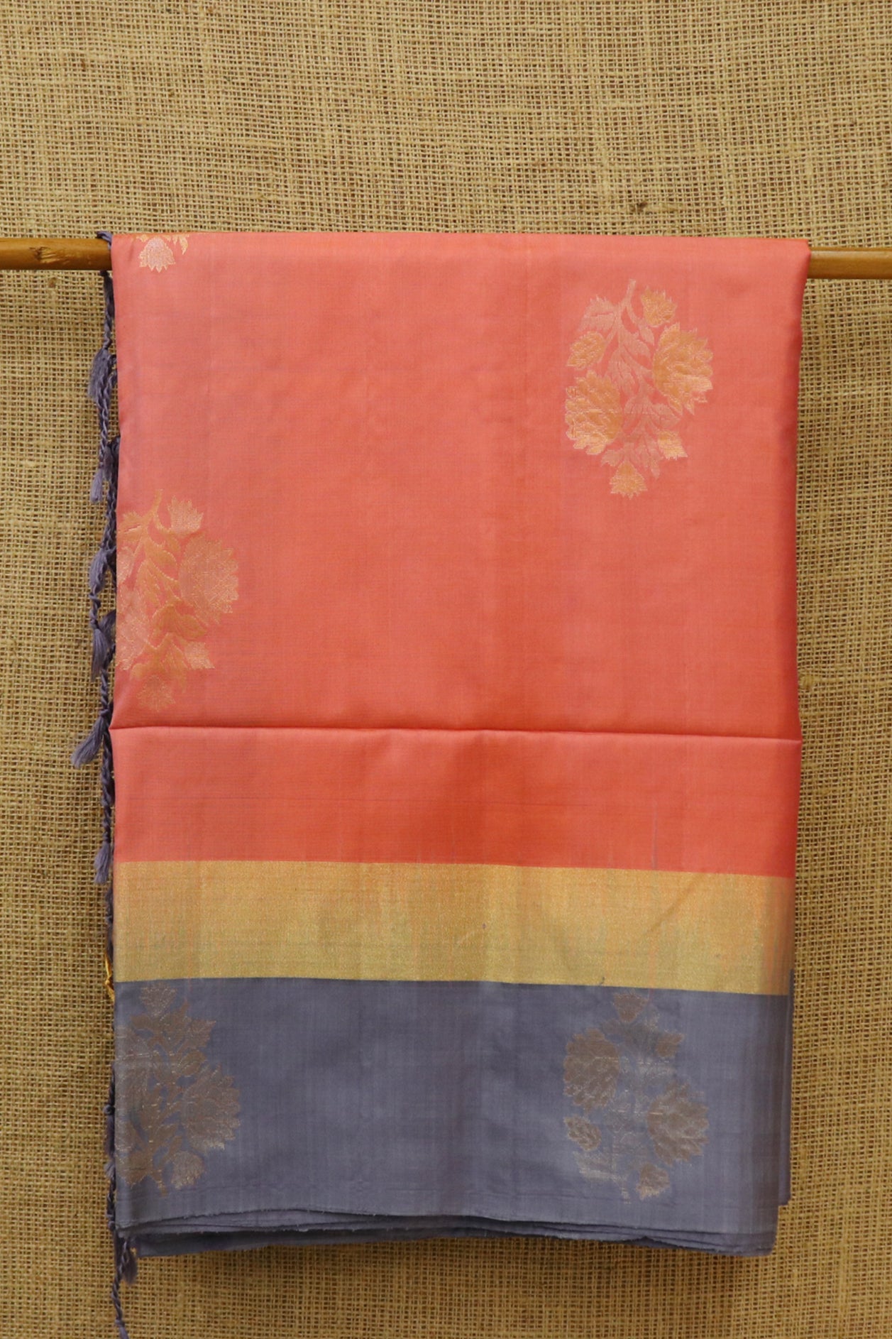  Floral Motif Peach Orange Kanchipuram Silk Saree 