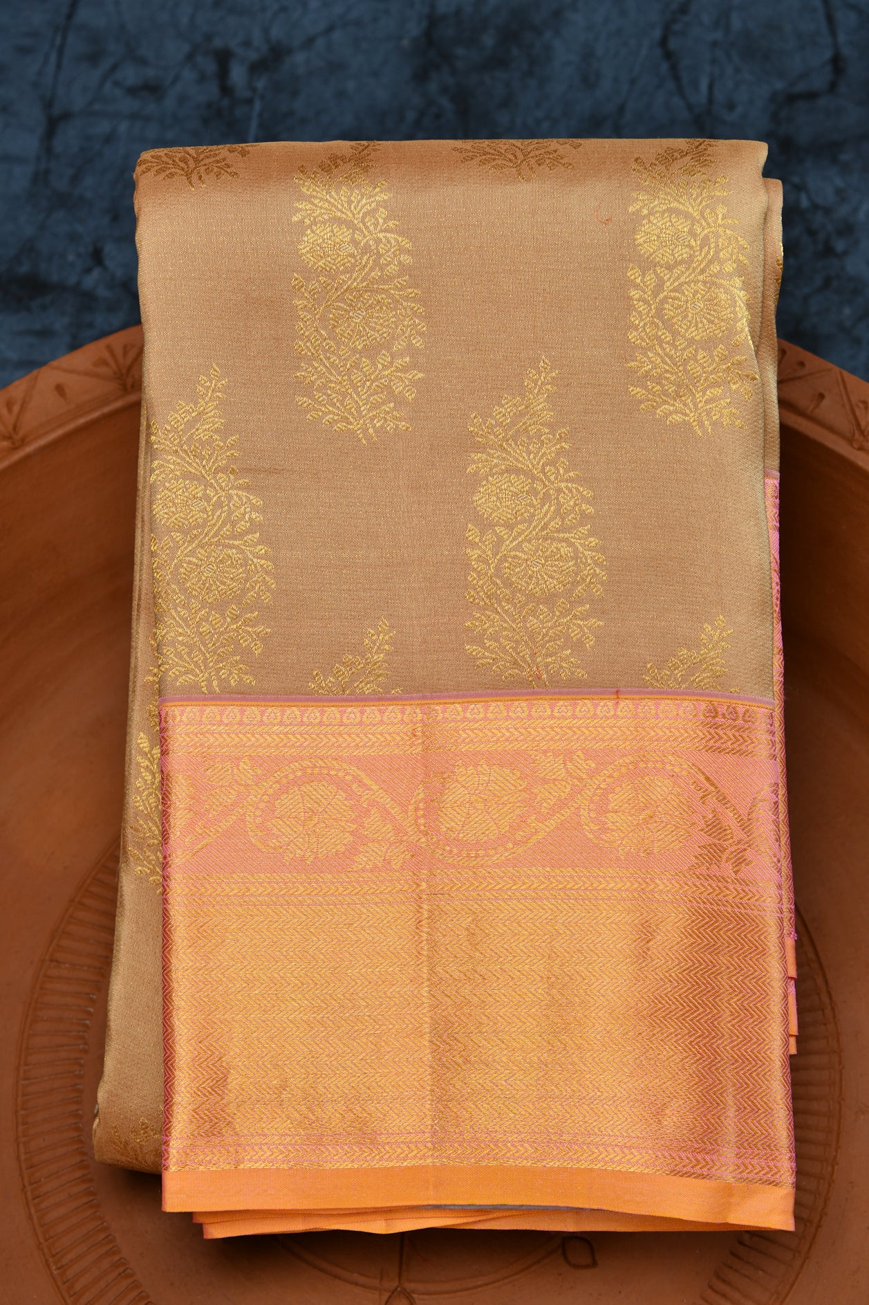  Contrast Border Zari Butta Beige Kanchipuram Silk Saree 