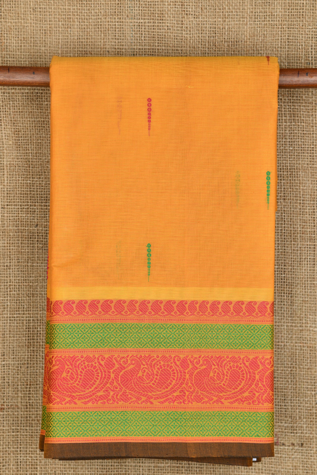  Traditional Thread Work Peacock Border With Rain Drops Mango Yellow Coimbatore Cotton Saree 