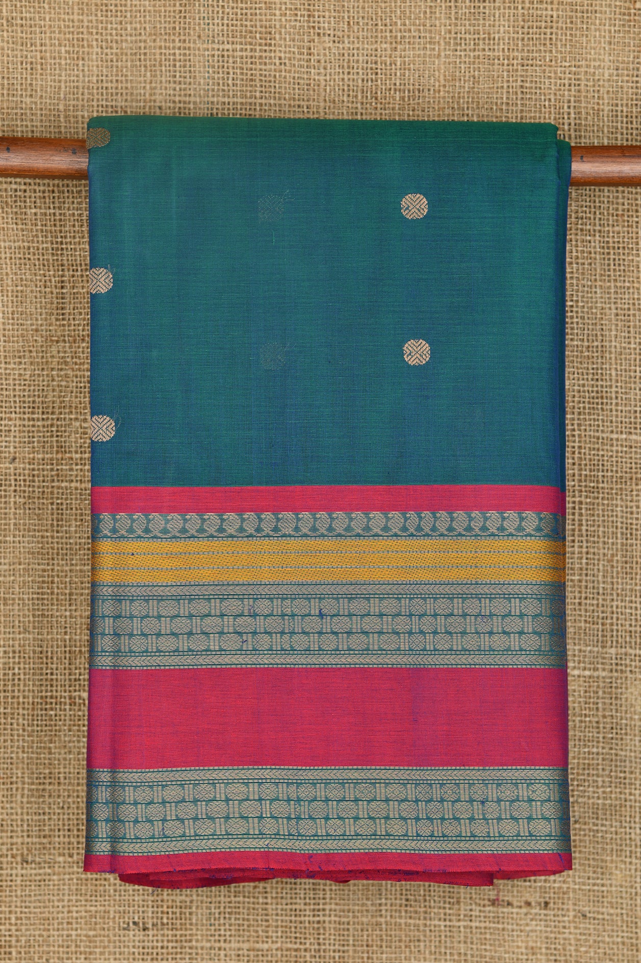  Traditional Thread Work Border With Rudraksh Buttis Body Peacock Blue Coimbatore Cotton Saree 