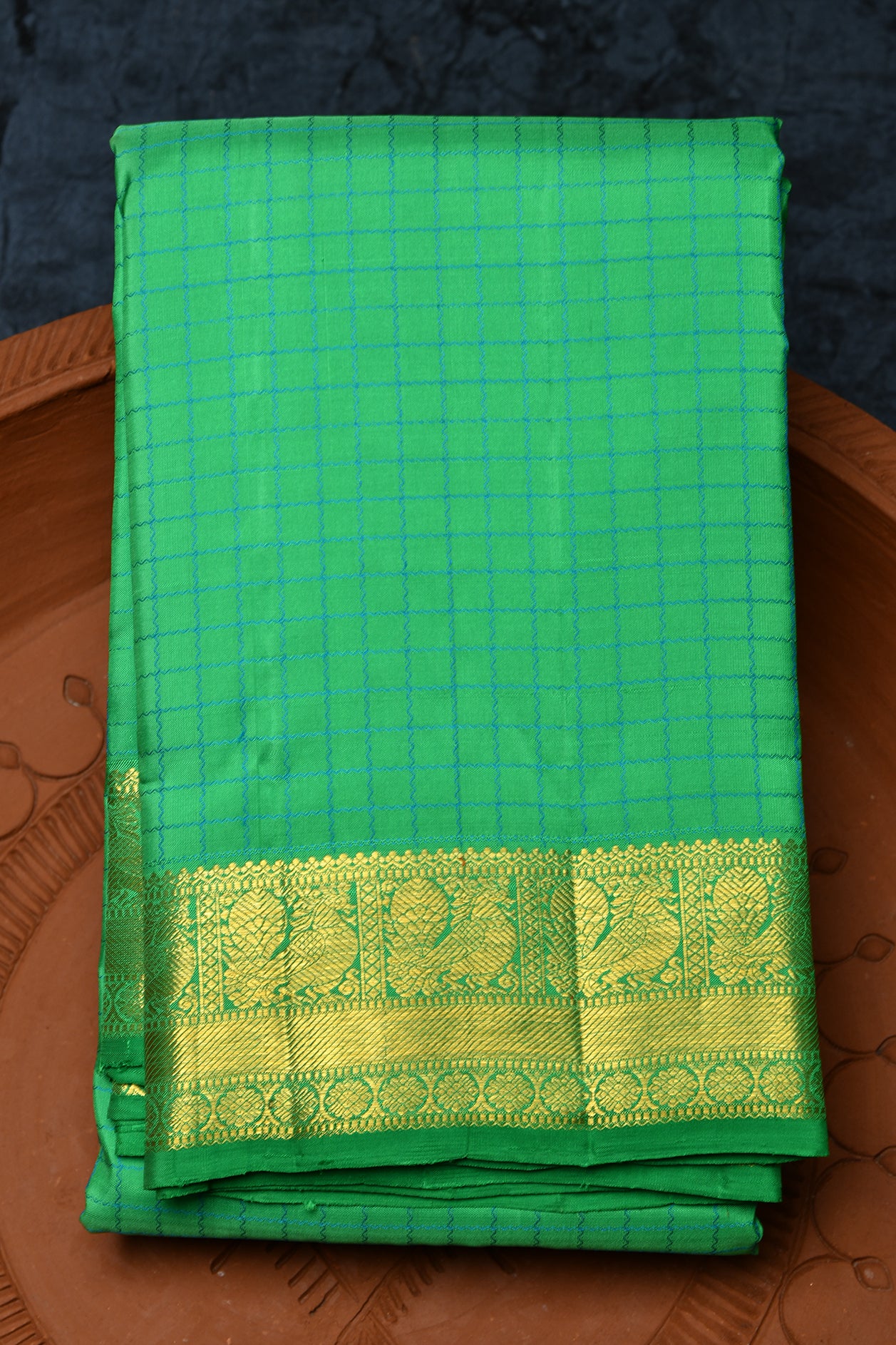  Annam Border With Checks Parrot Green Kanchipuram Silk Saree 