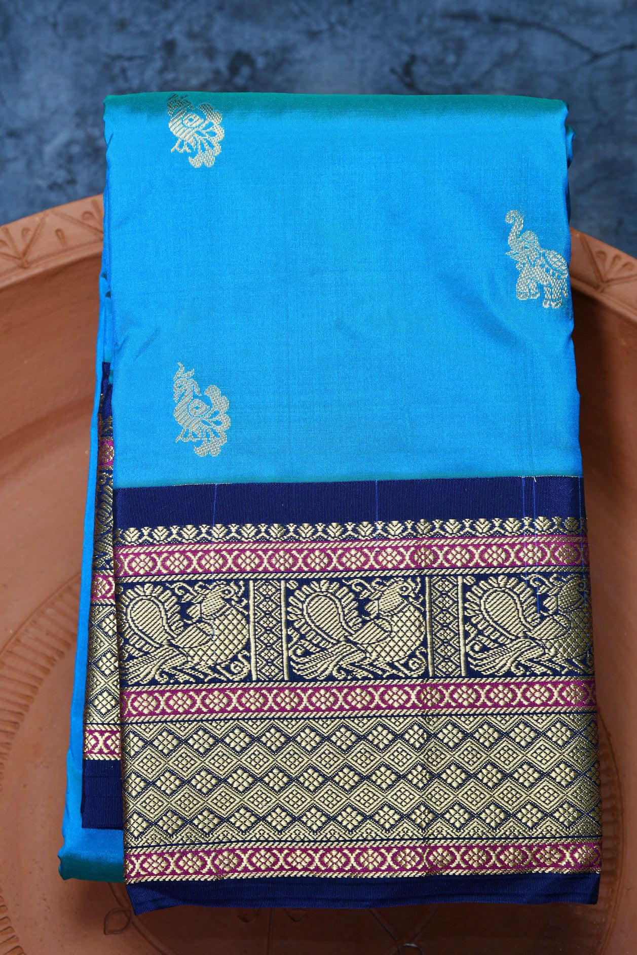  Peacock Zari Butta Sky Blue Kanchipuram Silk Saree 