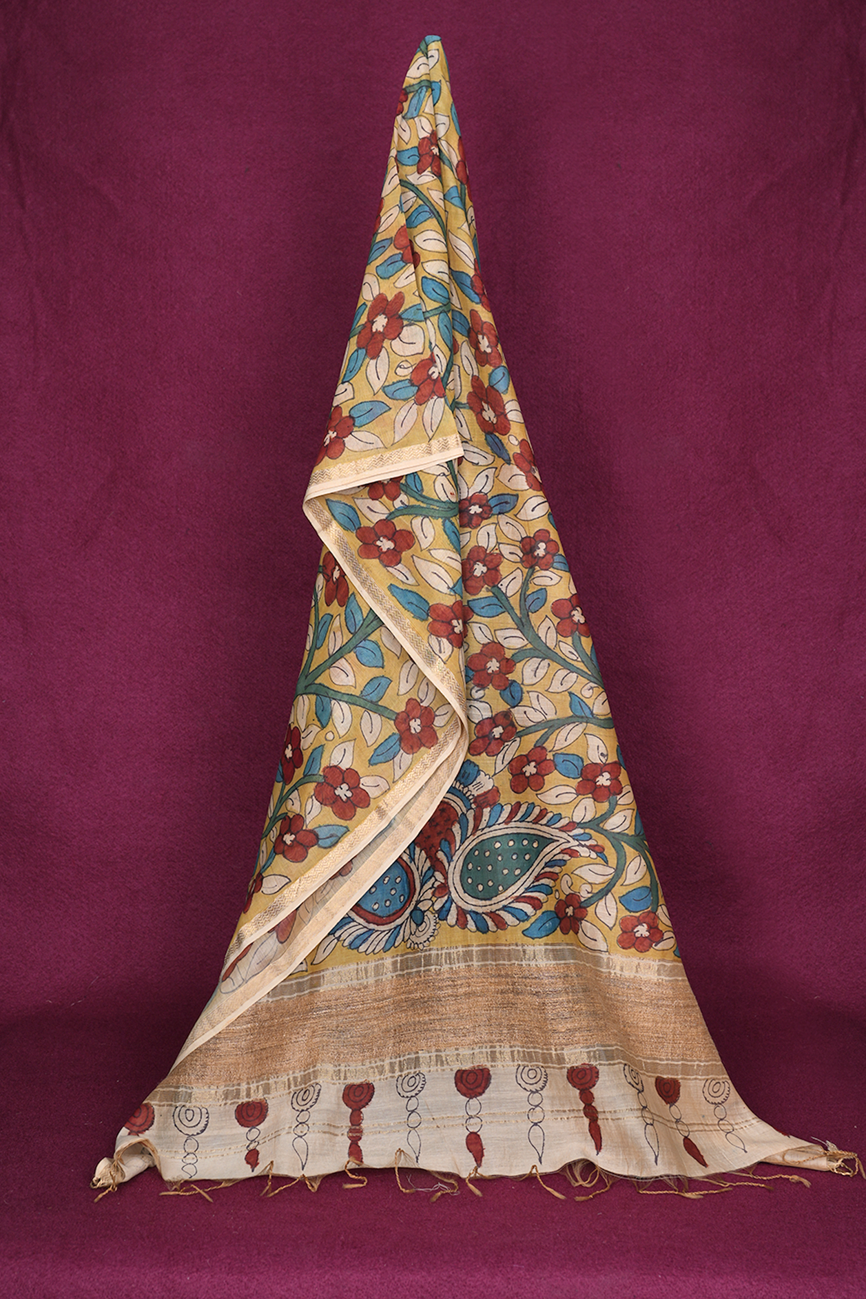  Allover Floral Design Pear Green Kalamkari Cotton Dupatta 