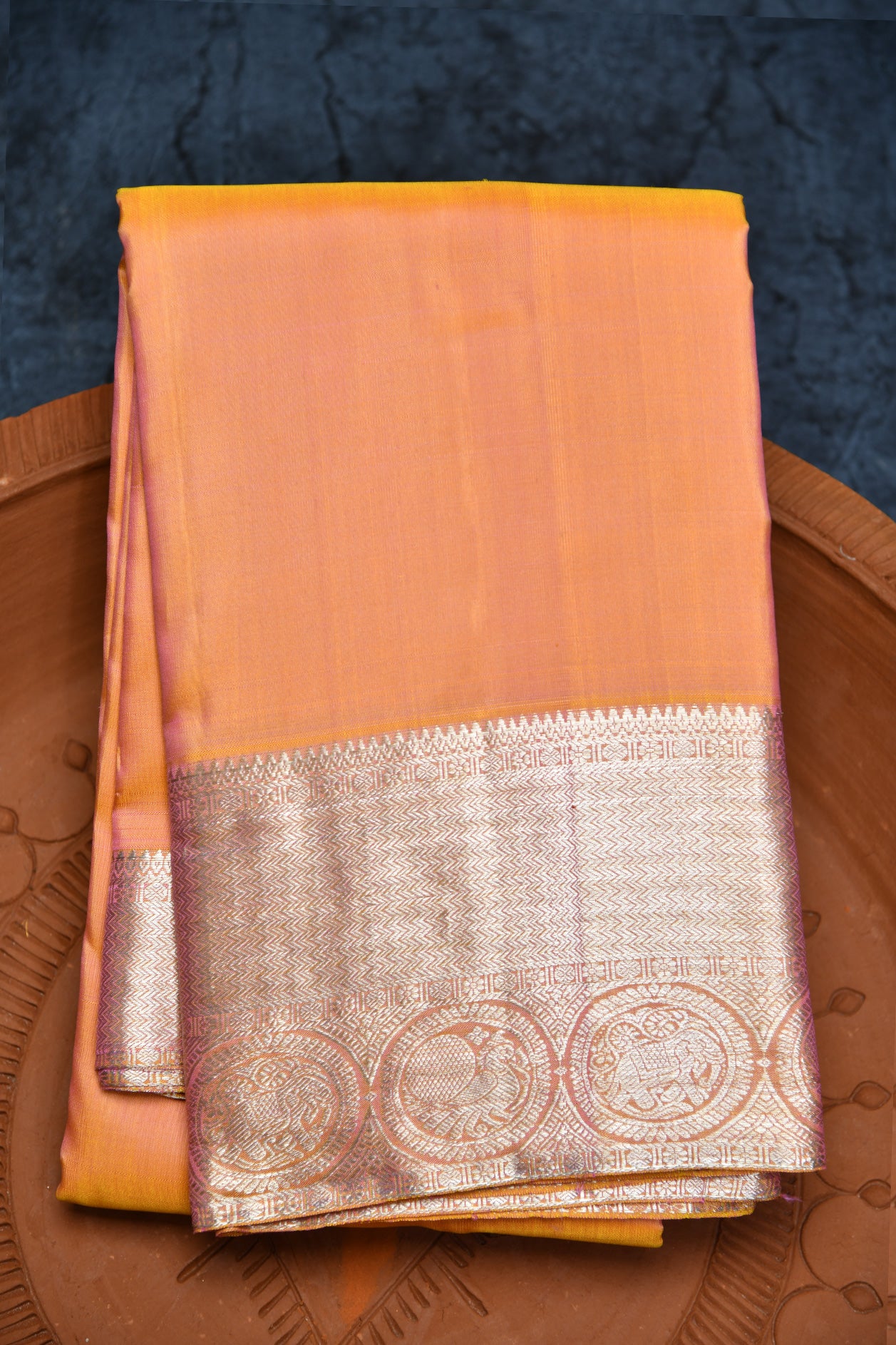  Chevron Design Border Peach Pink Kanchipuram Silk Saree 