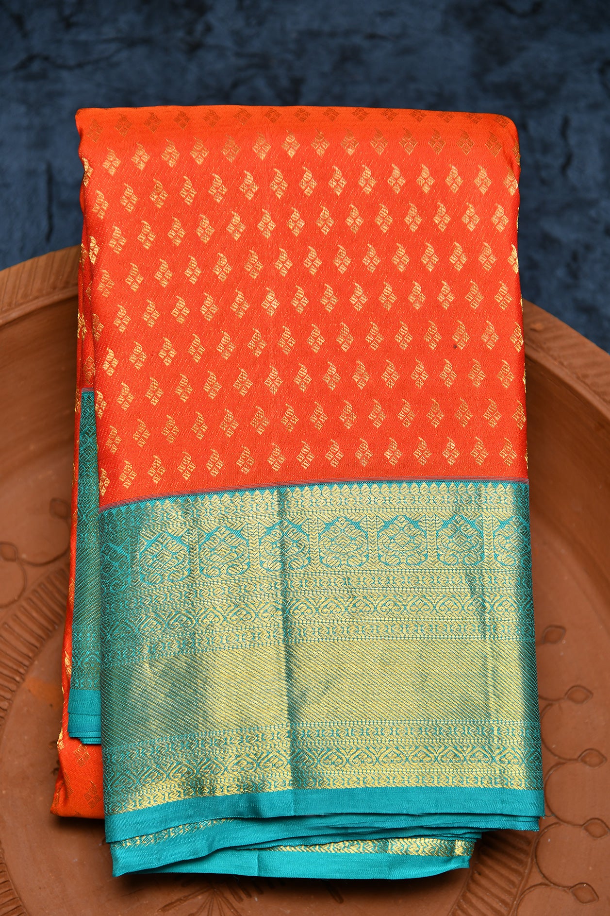  Small Floral Buttis Ochre Orange Kanchipuram Silk Saree 