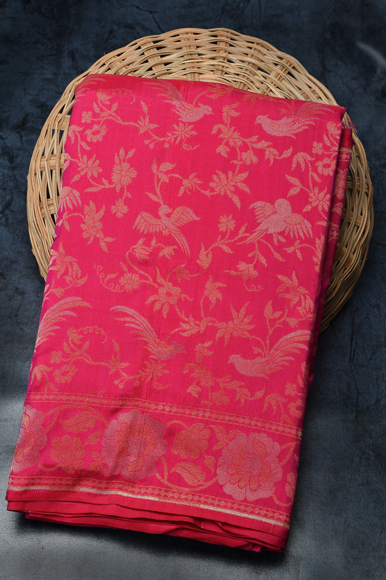  Botanical Birds Pink Banaras Silk Saree 