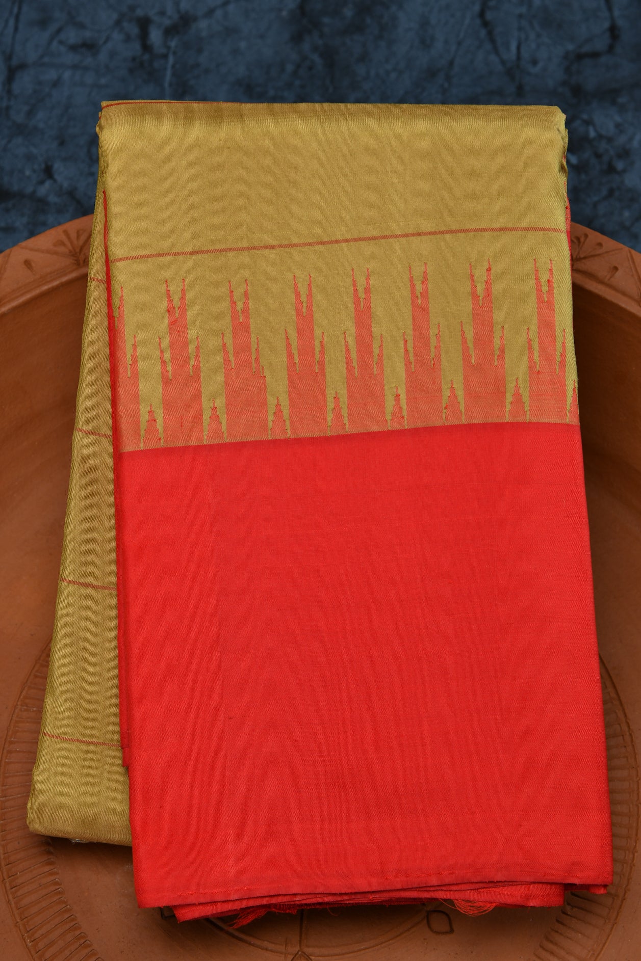  Temple Border Red Stripes Khaki Brown Kanchipuram Silk Saree 