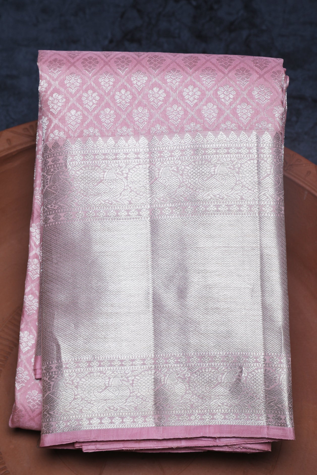  Silver Zari Geometric Design Baby Pink Kanchipuram Silk Saree 