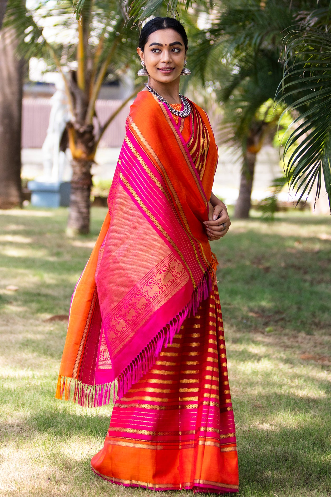  Rettai Pettu Border Veldhari Stripes Rani Pink And Orange Kanchipuram Silk Saree 