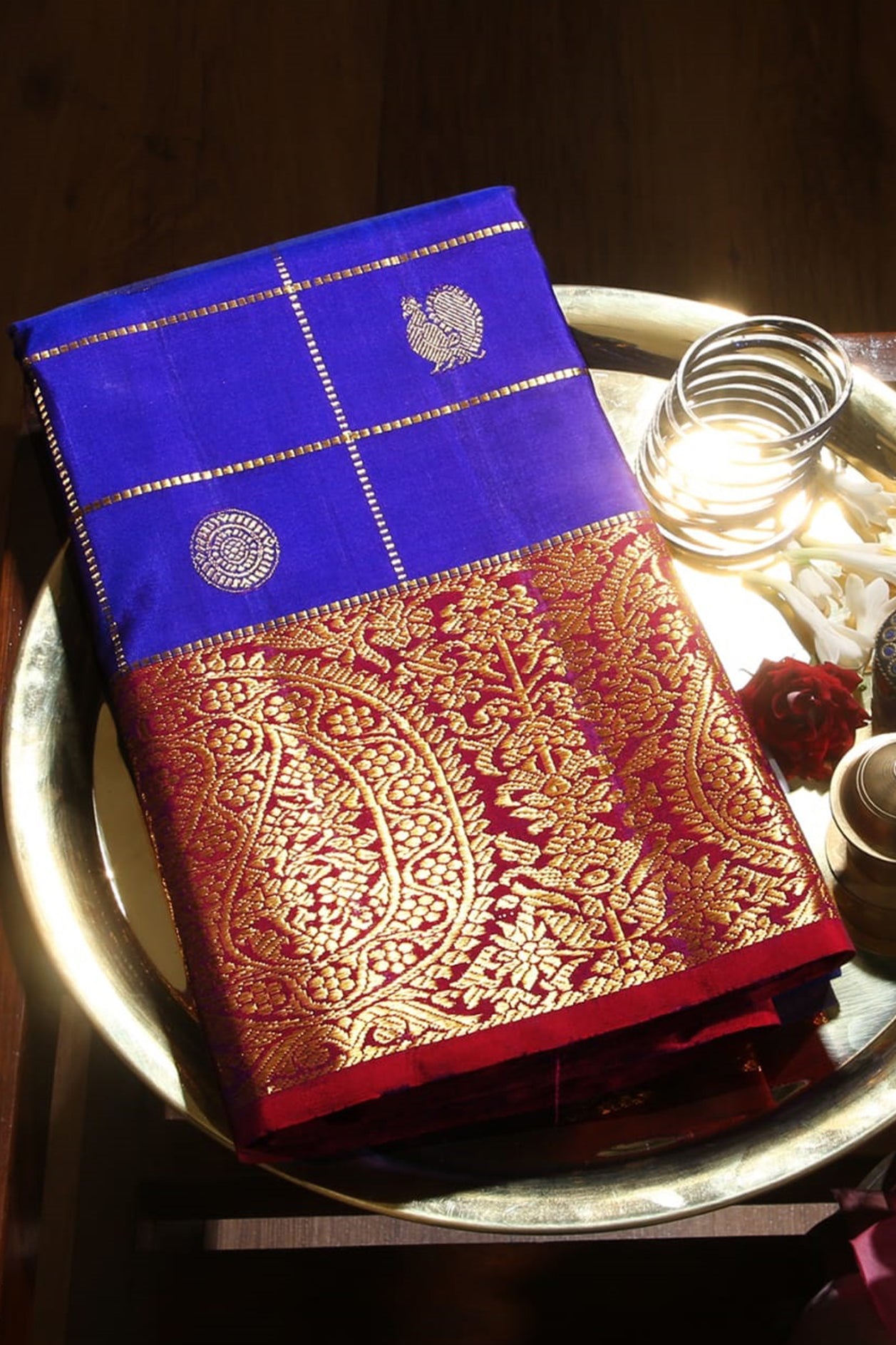  Traditional Paisley Zari Border With Checks And Peacock Butta Cobalt Blue Kanchipuram Silk Saree 