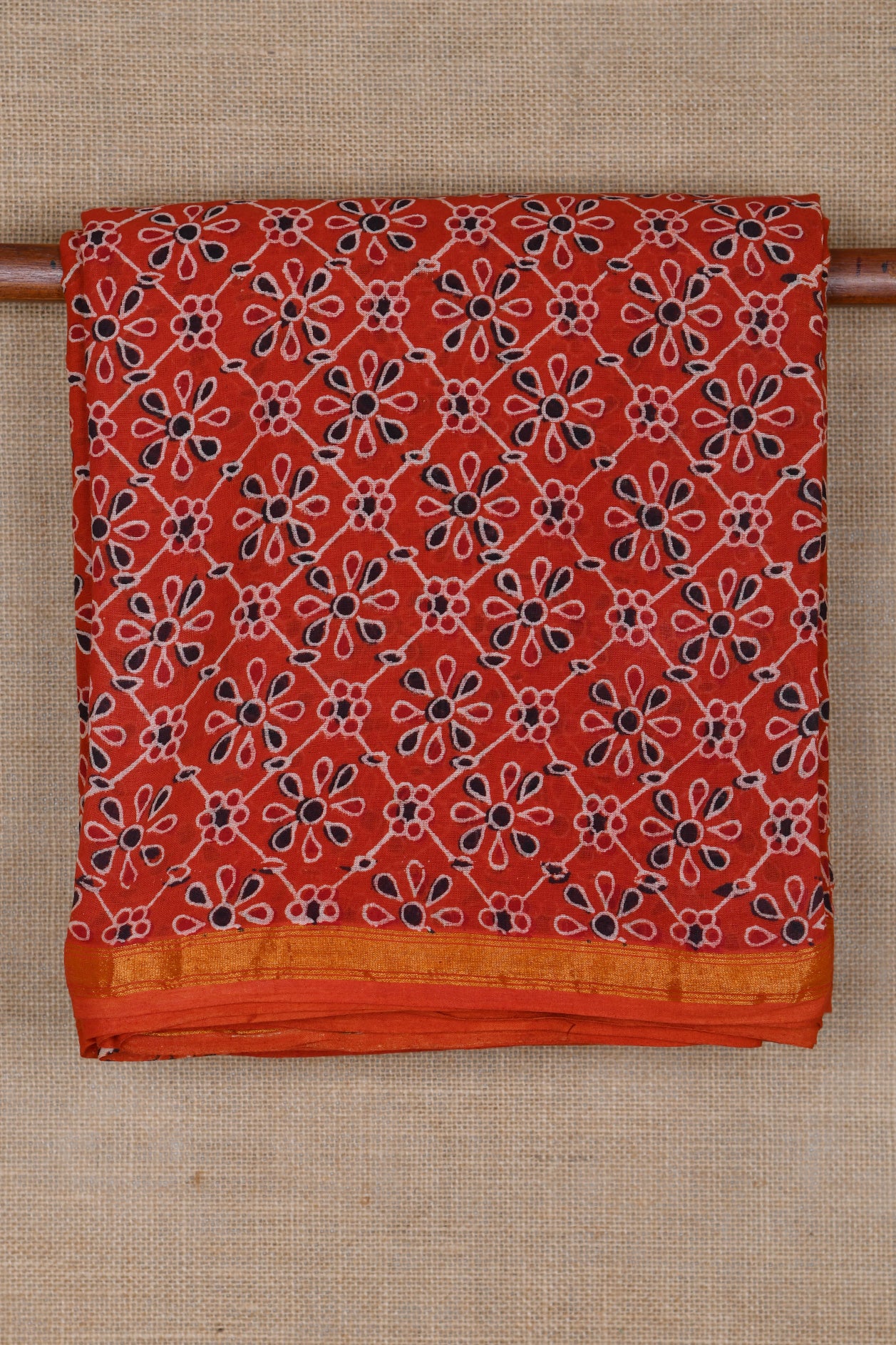  Floral Tile Pattern Ajrakh Printed Red Cotton Saree 