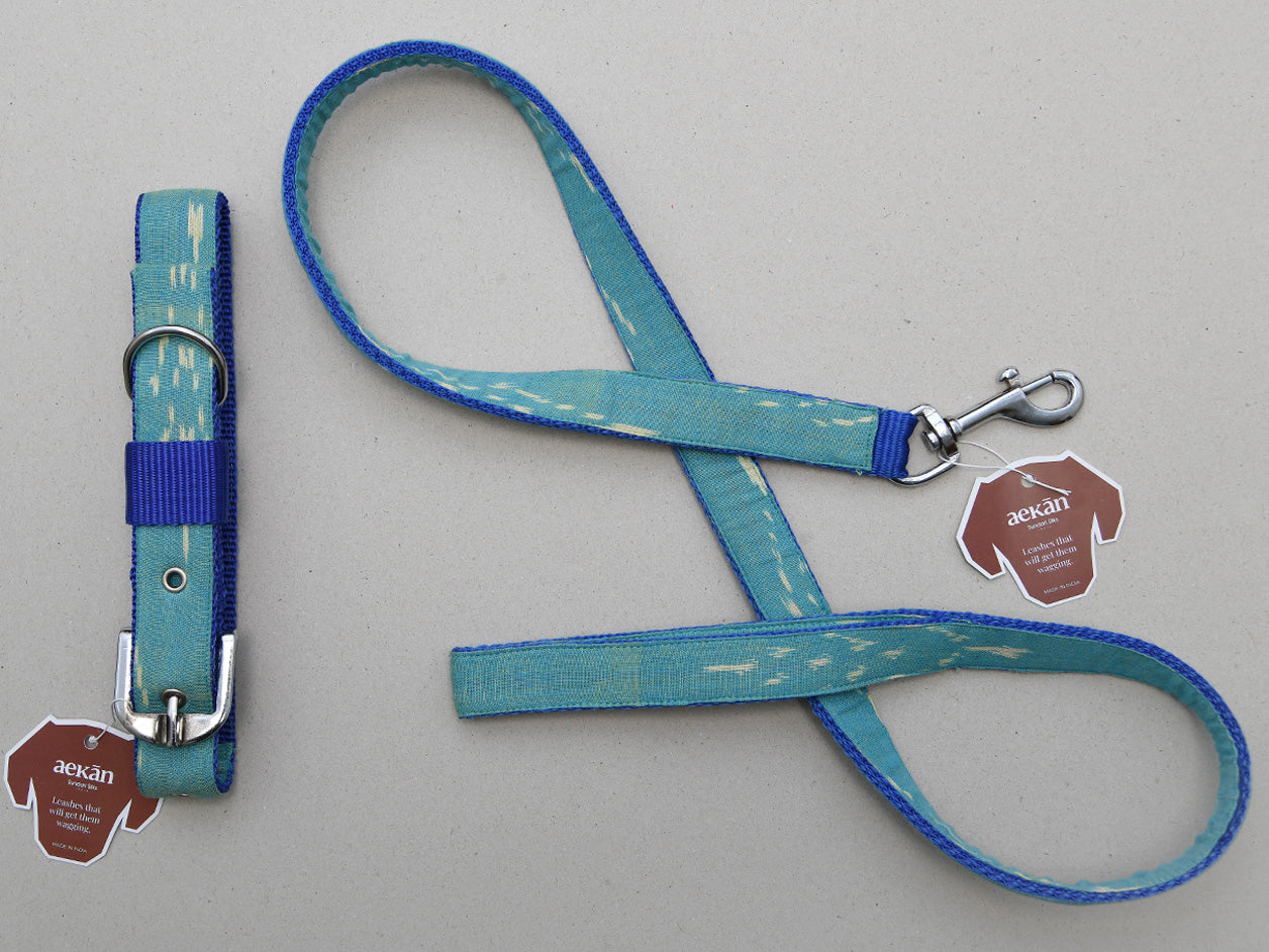  Sea Blue Cotton Ikat Dog Collar And Leash Set 