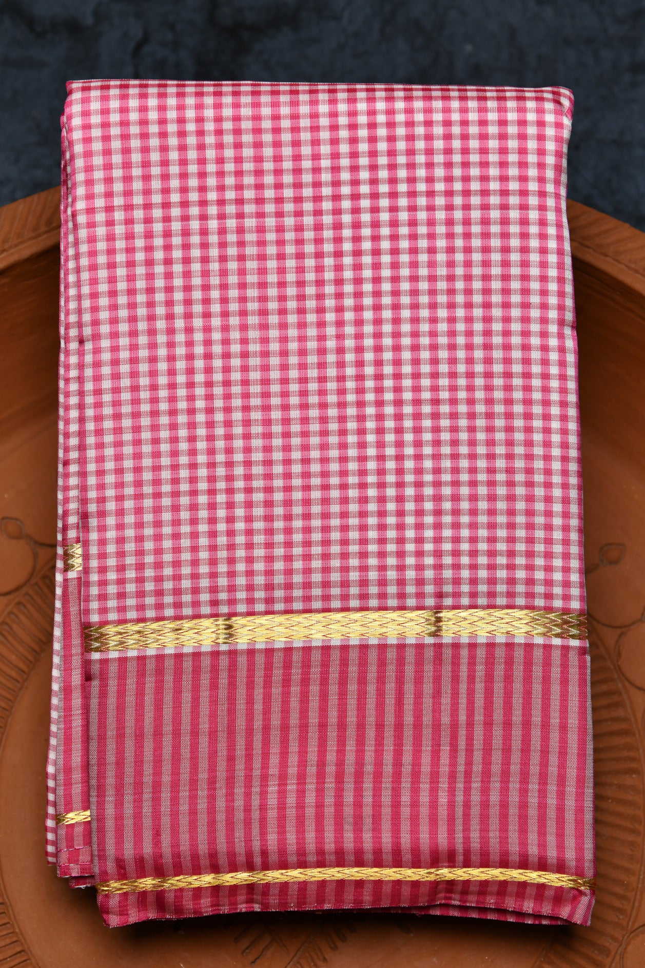  Rettai Pettu Border With Checks White And Pink Kanchipuram Silk Saree 