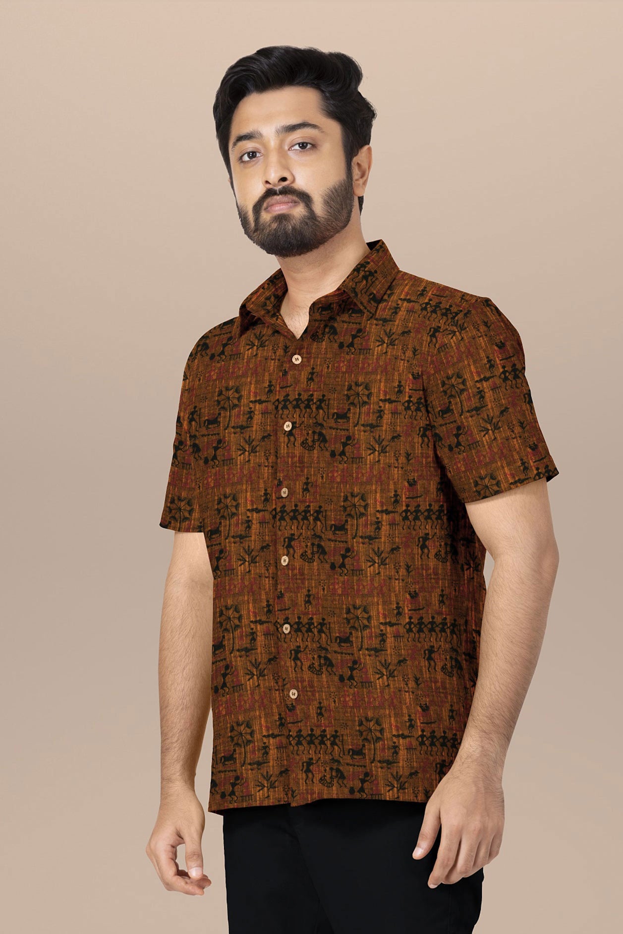  Regular Collar With Warli Printed Brown Cotton Shirt 