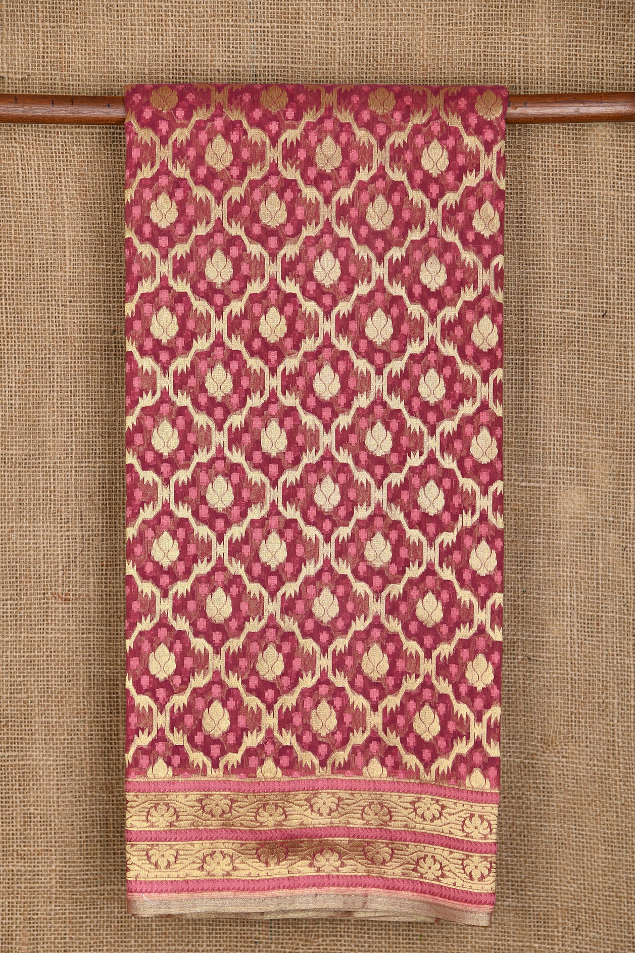  Gold Zari Border With Geometric Design Magenta Pink Tussar Silk Saree 