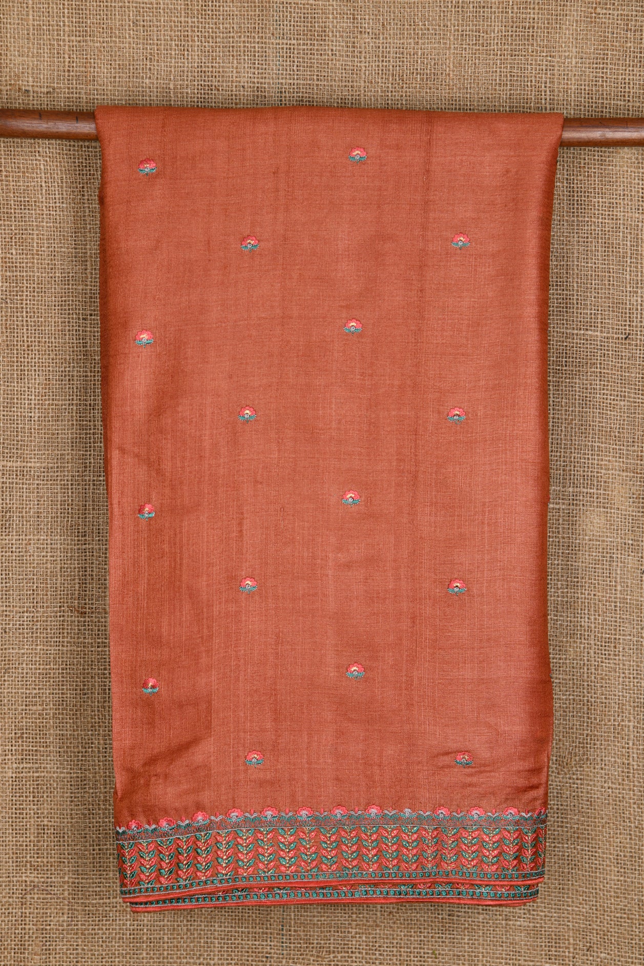  Thread Work Border With Floral Buttis Ochre Red Tussar Silk Saree 